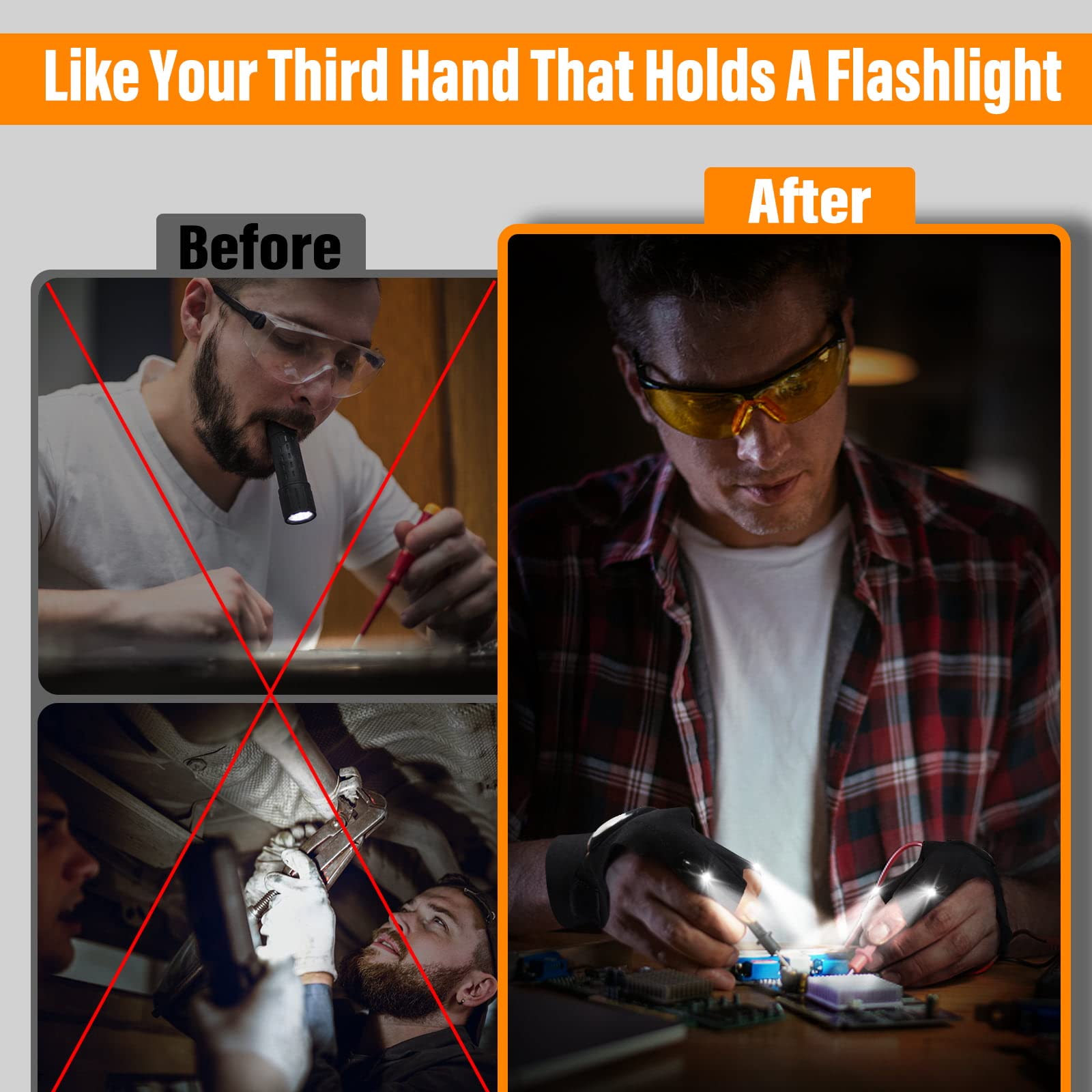 Apicey LED Flashlight Gloves for Men, Waterproof, One Size Fits All, Black, Model APGLLT05, Great for Fishing and Camping