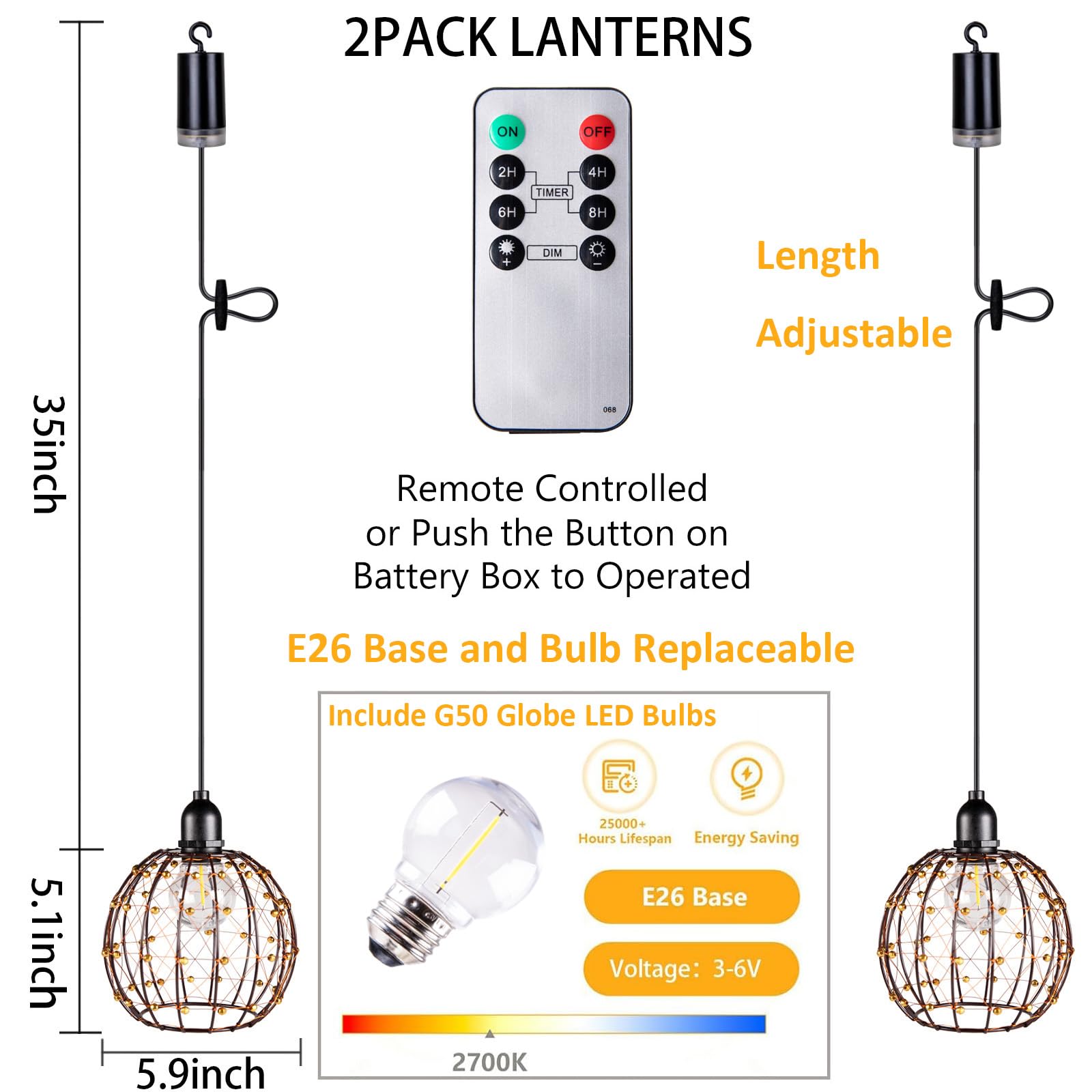 Twinkvilla Hanging Pendant Lantern Lights, Battery Operated Outdoor Chandelier, 2Pack