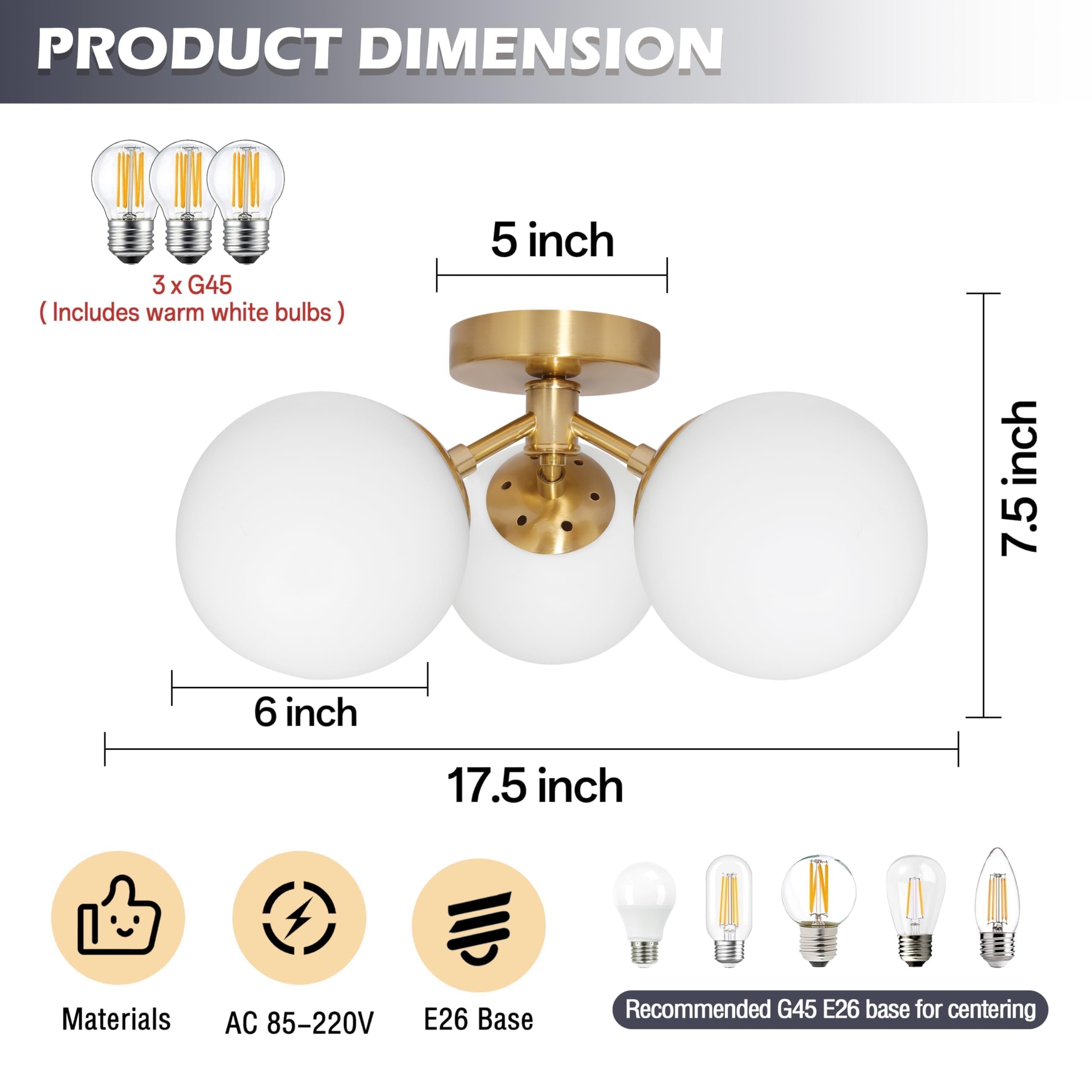 Bagood 3 Light Mid Century Modern Gold Globe Semi Flush Mount Ceiling Brass Chandelier 3-Light Milk Glass Globe Lights Sputnik C