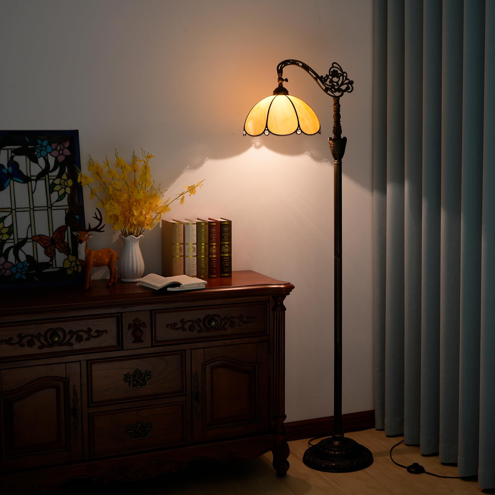 Blivuself Tiffany Floor Lamp - Adjustable Stained Glass Gooseneck Light, 63" Rustic Style, Yellow, Model F12OFX007E