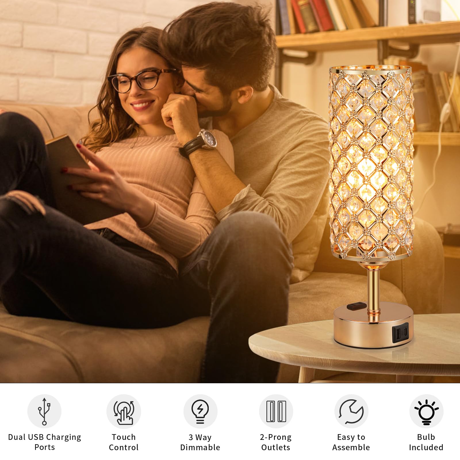 Hong-In Dimmable Gold Lamps Set Of 2 With Usb-C Charging Ports, 3-Way Crystal Bedside Lights For Bedroom And Living Room