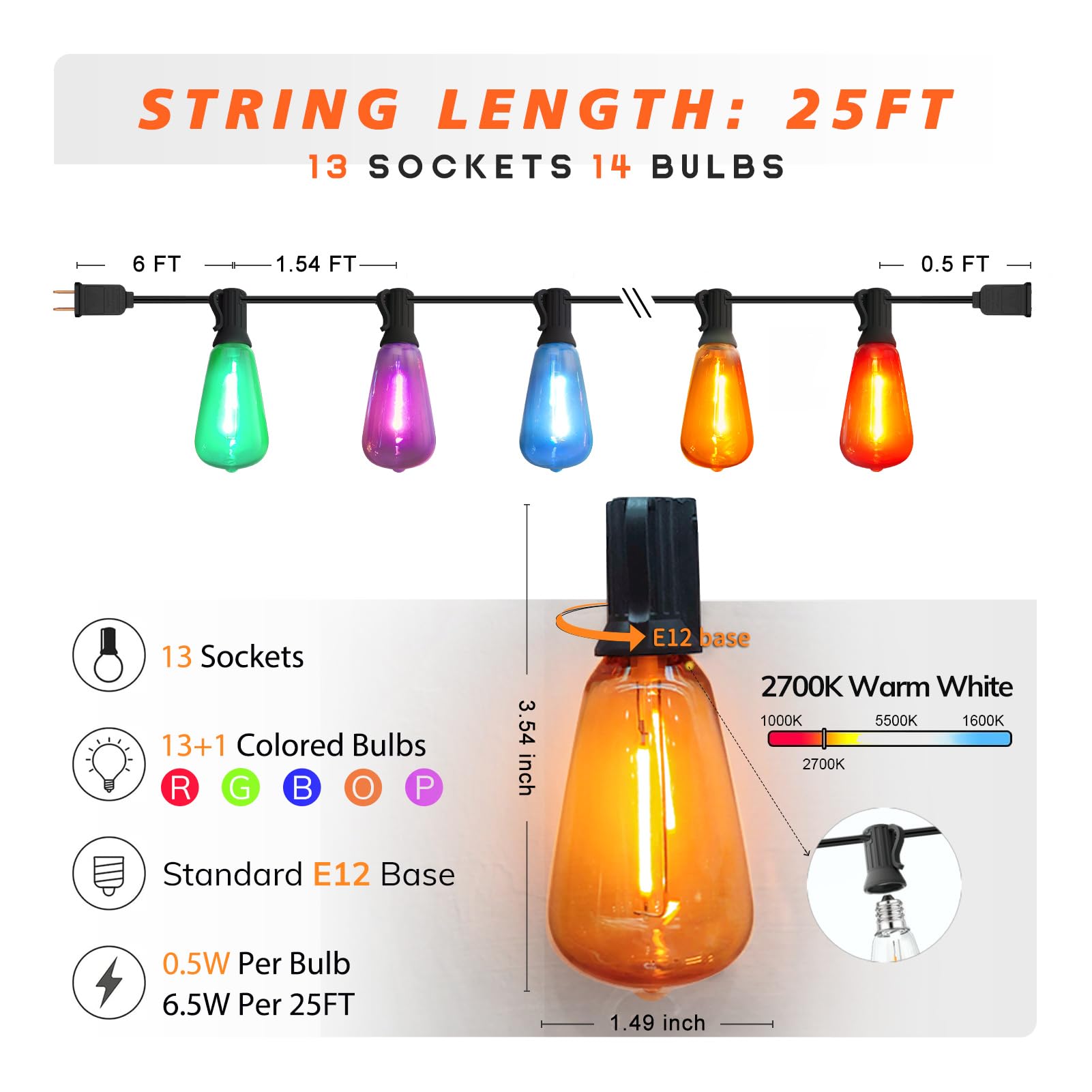 Achin Outdoor String Lights Multicolor - 25Ft Colored Patio Lights Waterproof With 13+1 St38 Led Colorful Bulbs Shatterproof Rai