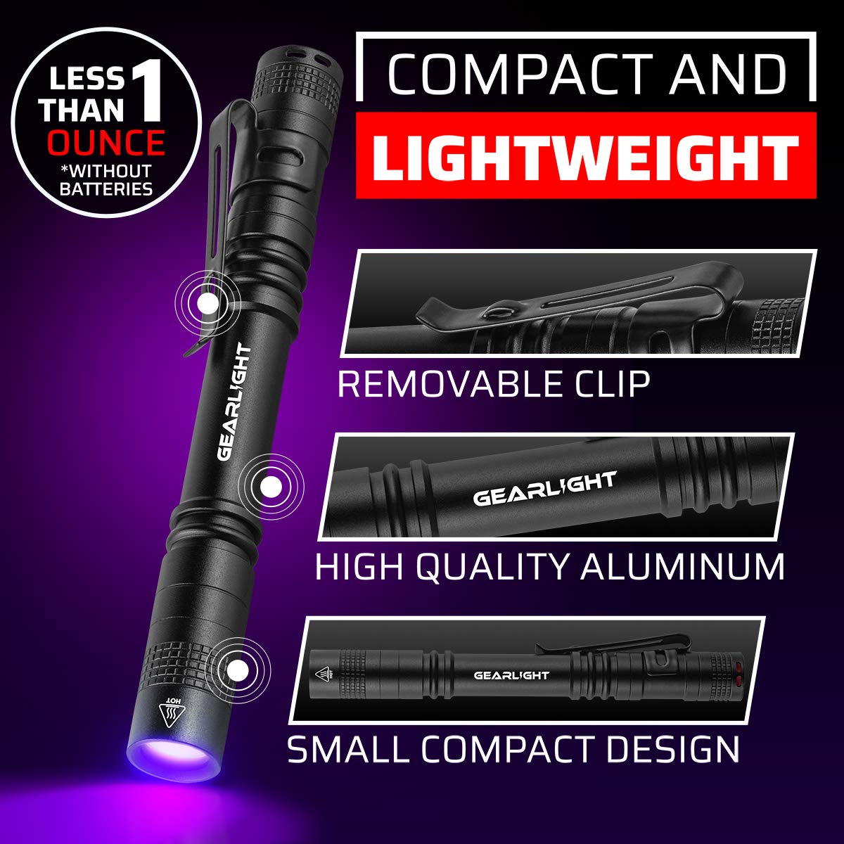 GearLight UV Black Light Flashlight S100 [2 Pack] - Mini Blacklight for Pet Urine, Stains, and Inspections - Black