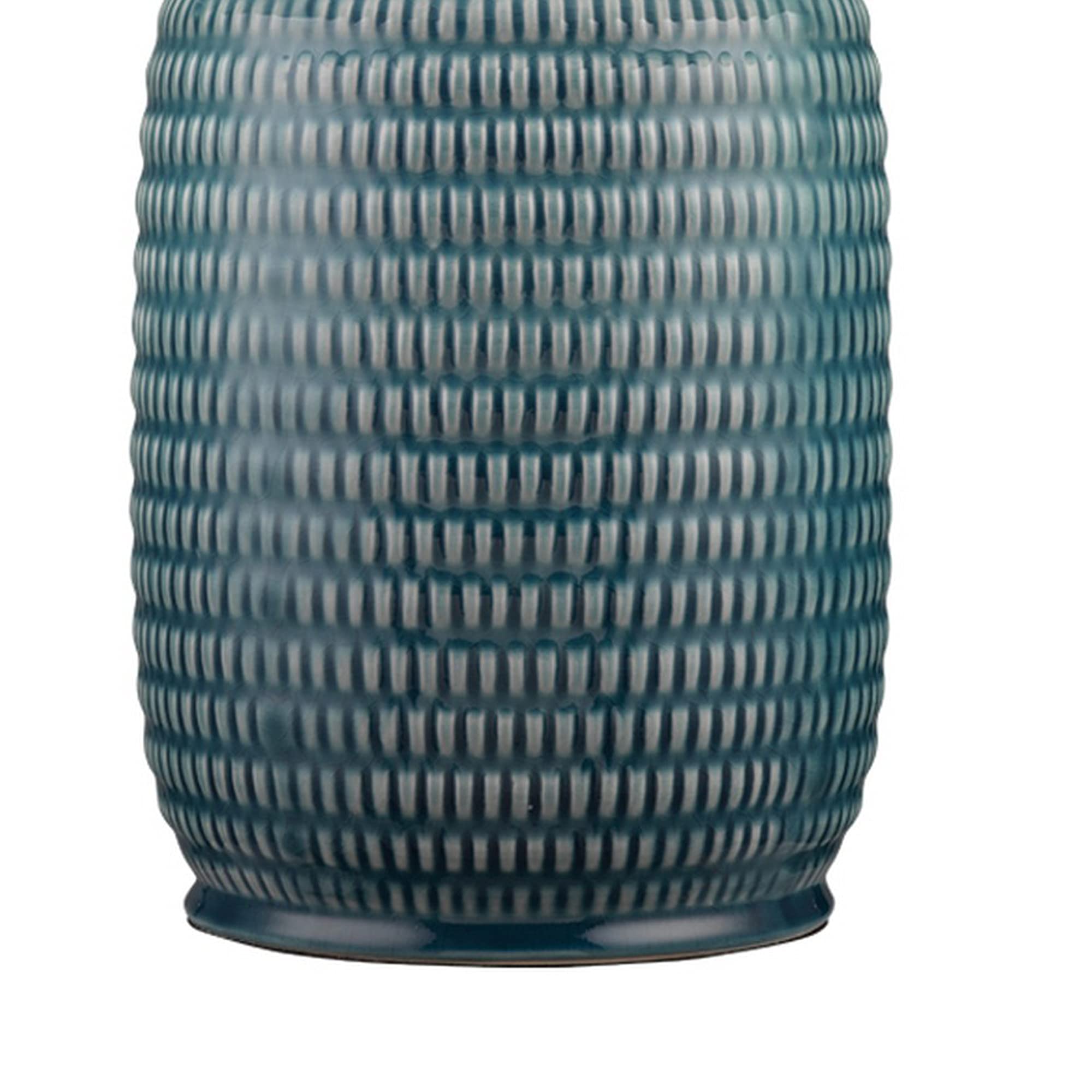 Benjara Table Lamp With Ribbed Ceramic Body And Fabric Shade, Blue
