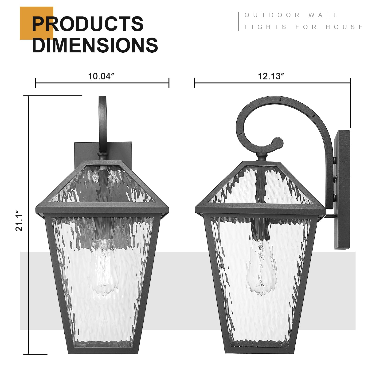 Luminzone Outdoor Wall Lantern, Waterproof, Large, Matte Black, Model 7H1B-M WH, Water Ripple Glass, 1 Pack