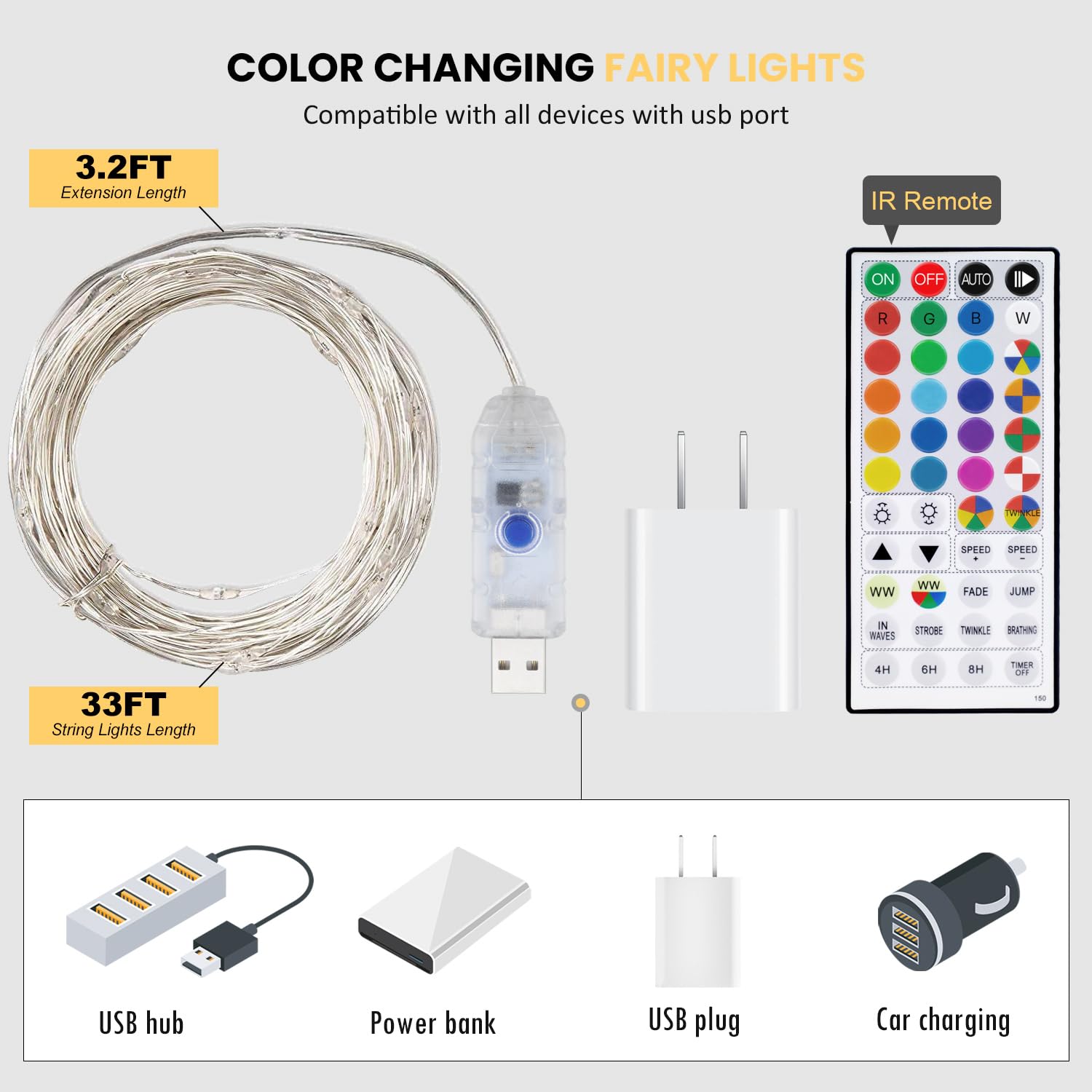 Homestarry Fairy Lights USB Plug 33ft 100LEDs Warm White Color Changing String Lights Model HS-16-002