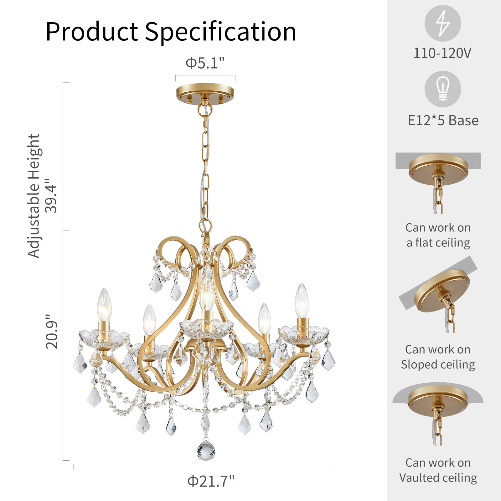 WUZUPS Crystal 5-Light Chandelier Pendant Ceiling Light, Gold, H 20.9" x W 21.7", Modern Lighting Fixture for Bedroom, Kitchen, Bathroom