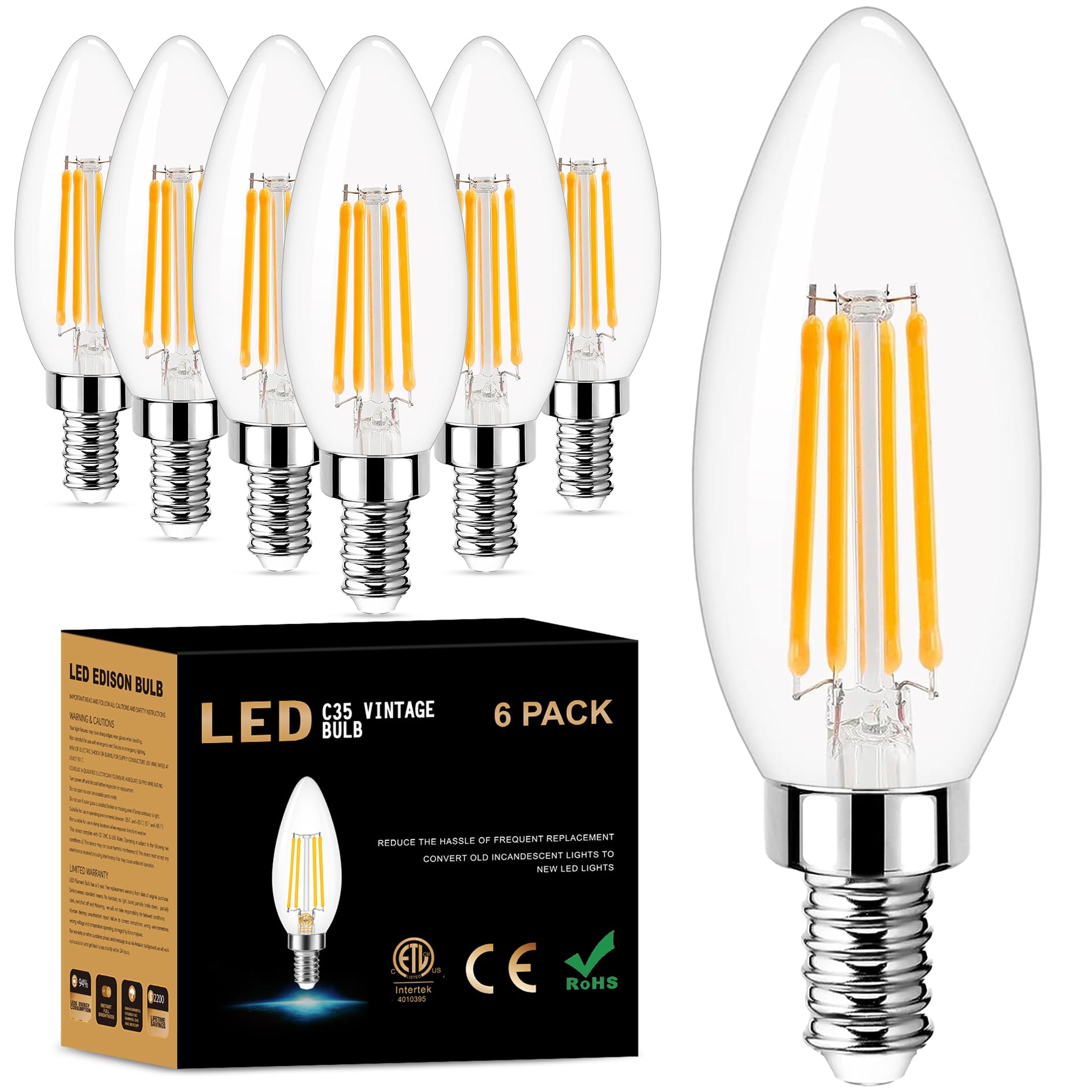 Golspark E12 Led Bulb Dimmable, Candelabra Led Bulb 40W Equivalent, 3000K Warm White, B11 B10 Type B Led Light Bulbs 4W, 400Lm, 