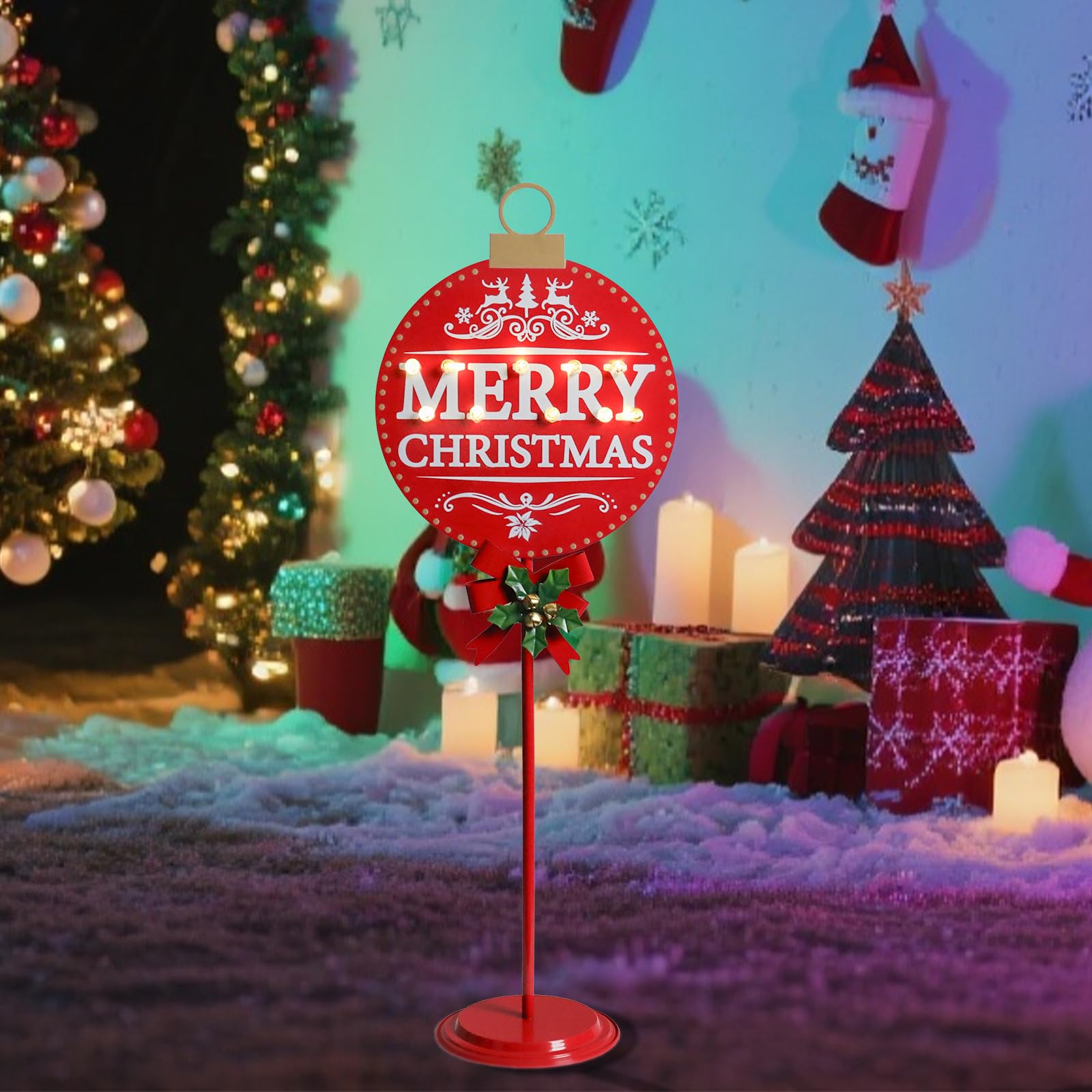 VCUTEKA Merry Christmas Sign with LED Light, 31.5 inches, Metal, Round, Battery Operated with Timer for Outdoor Yard Decor