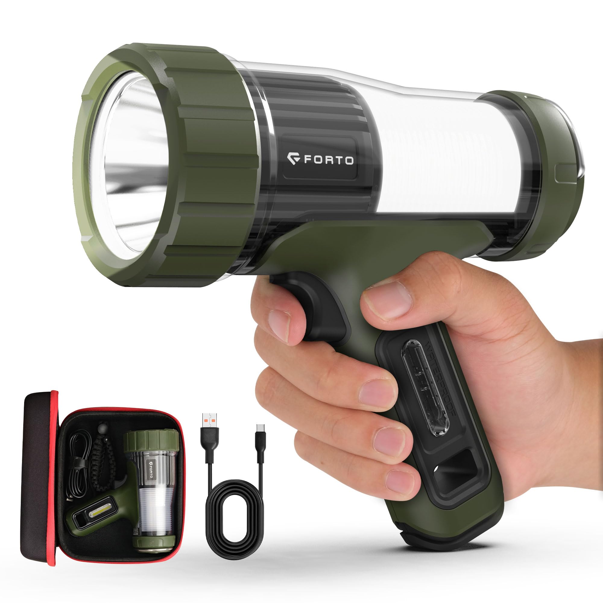 FORTO Rechargeable Spotlight, 45000 Candela Spot Light, 3000LM IPX8 Waterproof, 5000mAh Battery, 420m Beam, Foldable Hook, for H