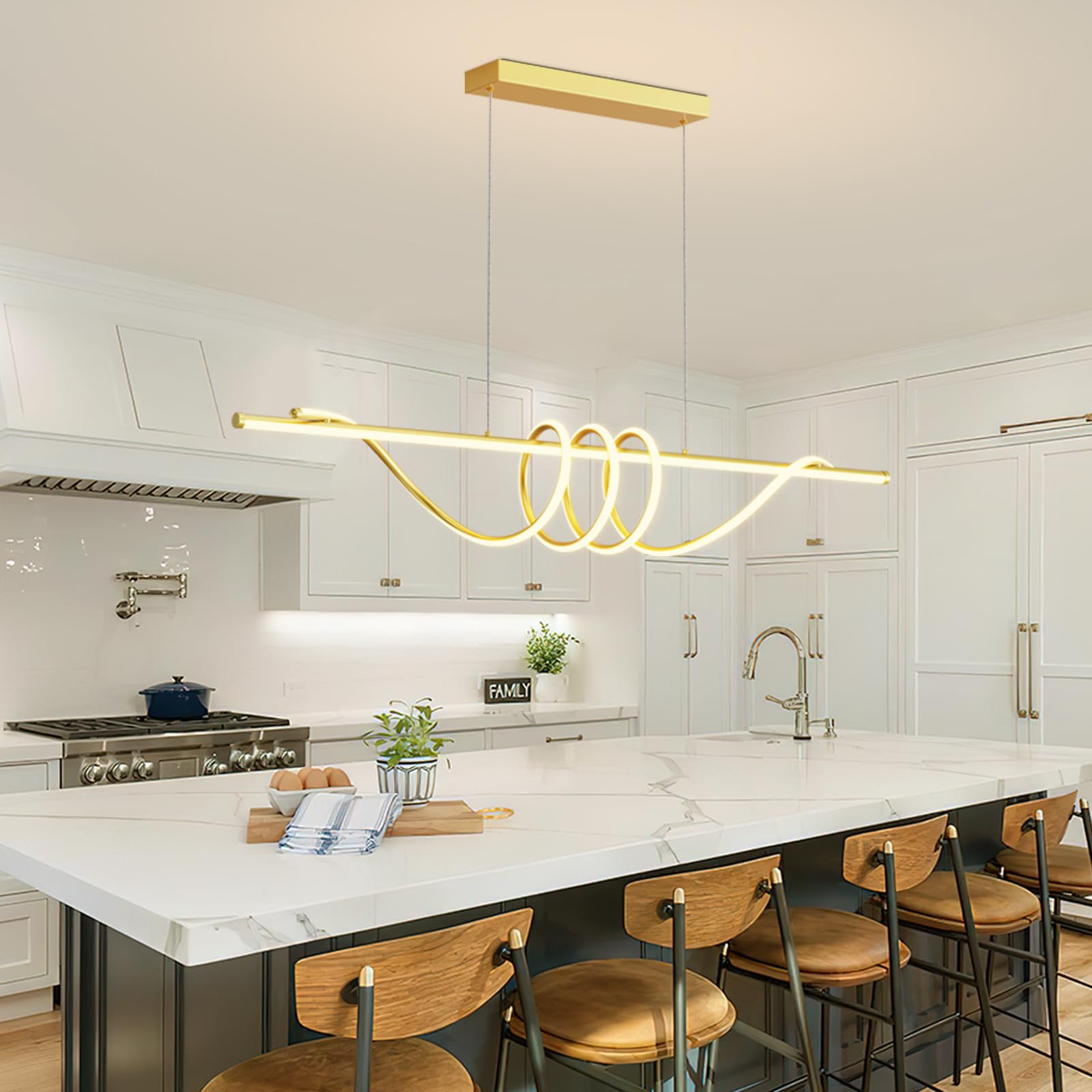 Zihoi Modern LED Pendant Light, Dimmable with Remote, 3000K-6000K, 57in Gold, Aluminum Ceiling Chandelier for Kitchen/Dining Room