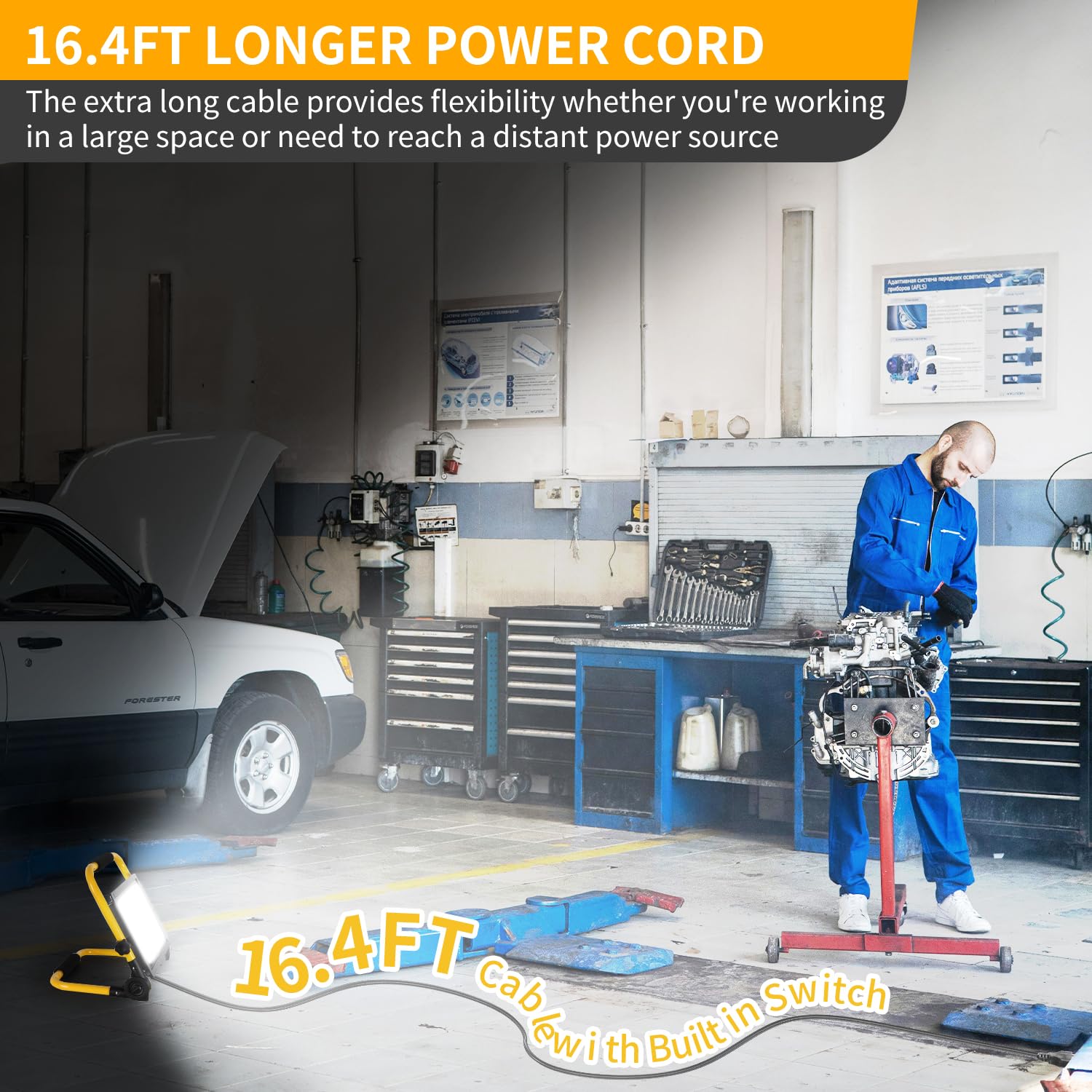 60W Led Work Light, 7200 Lm Outdoor Flood Light With 16Ft Cord & Switch, Ip66 Waterproof Portable Job Site Light With Stand, 500