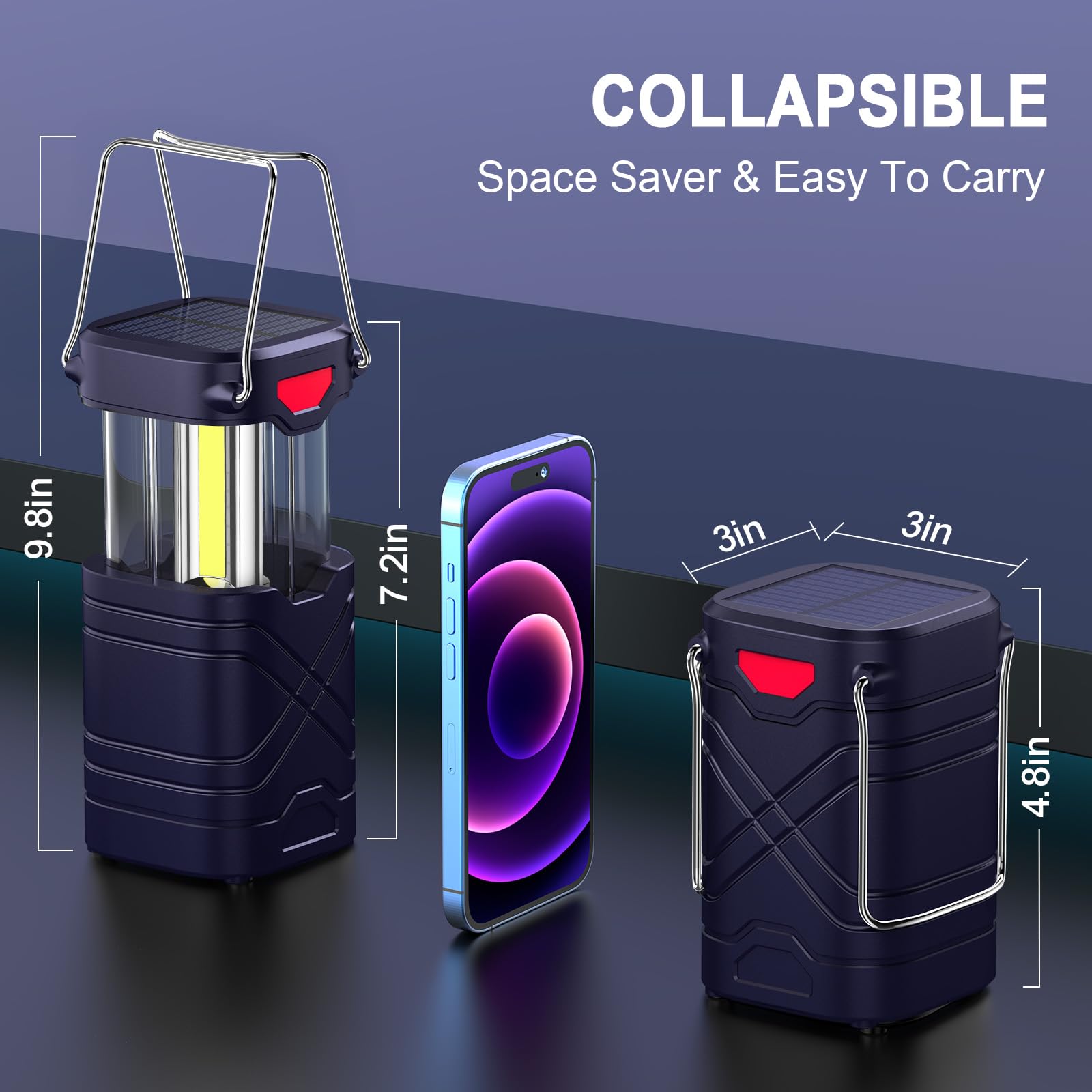LETMY 4 Pack Rechargeable LED Camping Lanterns, Solar Powered, Hurricane Supplies, Navy Blue, ABS Material