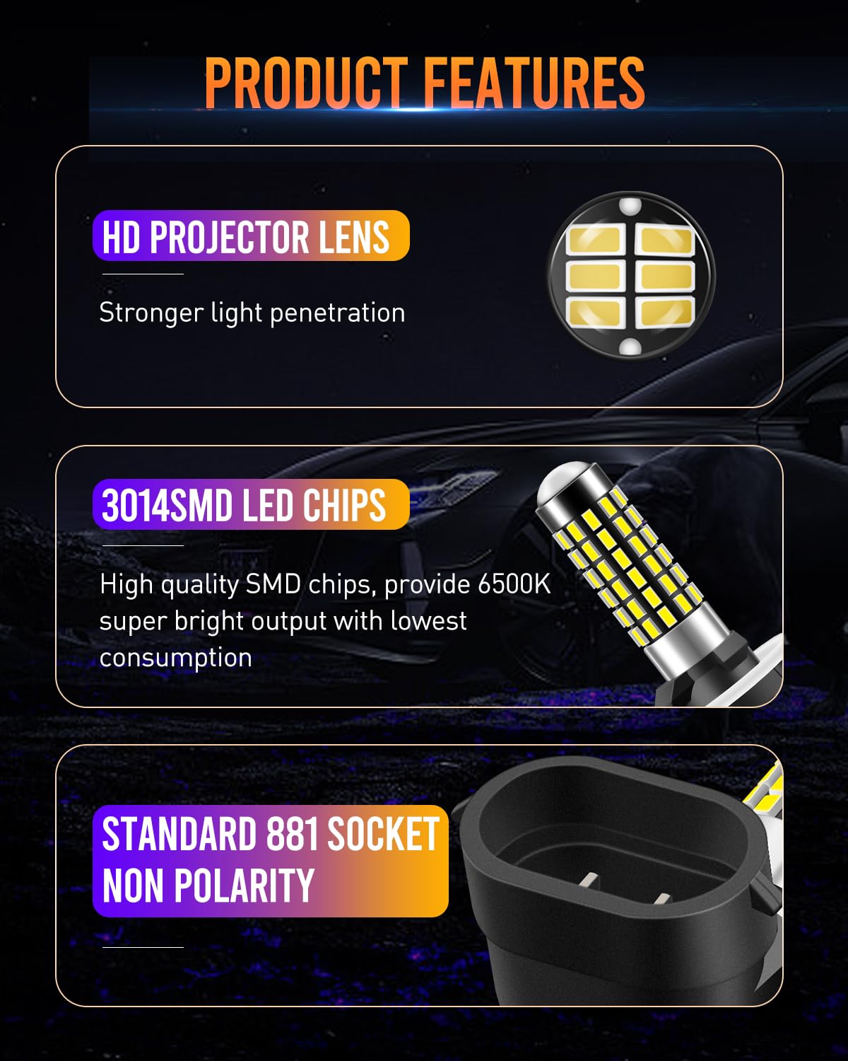 LUYED 881 LED Fog Light Bulb 1800 Lumens Super Bright 3014 78-EX Chipsets 889 894 896 Led Bulbs with Projector for Fog Lights,Xe
