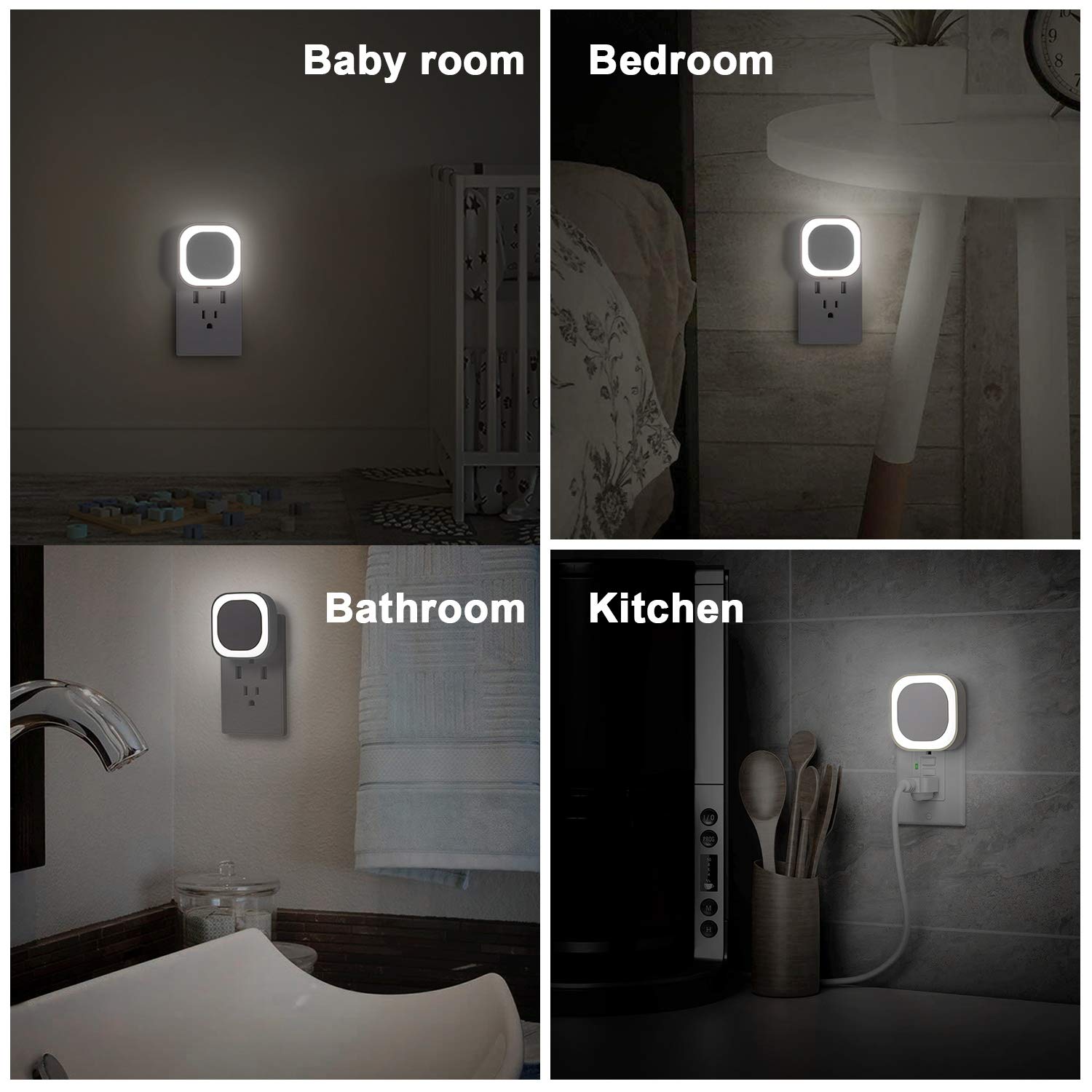 Yunlex 4 Pack Plug In Dimmable Night Light, Soft Night Light, Auto Dusk To Dawn Sensor, Day White Led Wall Night Light, Square N