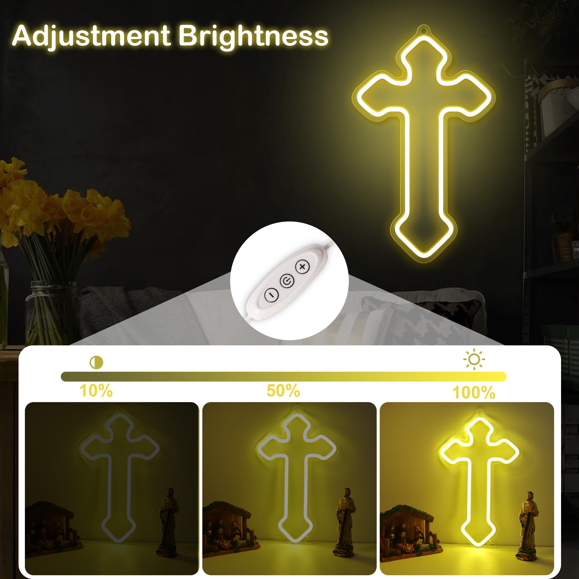 Attivolife LED Neon Cross Sign, Dimmable USB Powered Night Light, 8.03inx13.34in, Warm White Wall Decor
