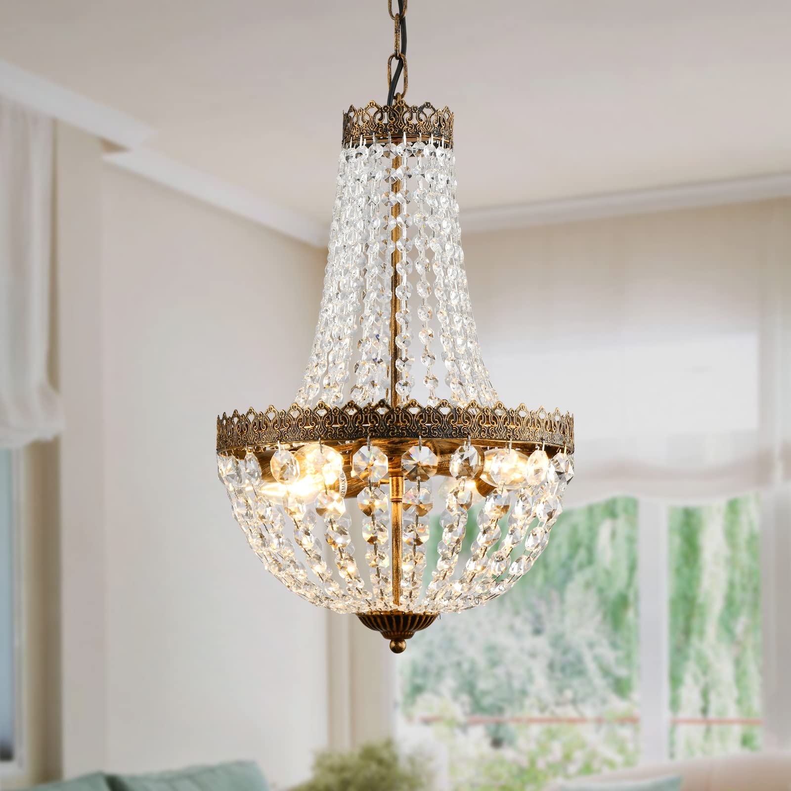 KAIQI Mini Crystal Chandelier, Bronze Metal Pendant Light, 19.7"H x 12.6"W, Ideal for Dining Room, Bedroom, Foyer, Model 8019/4