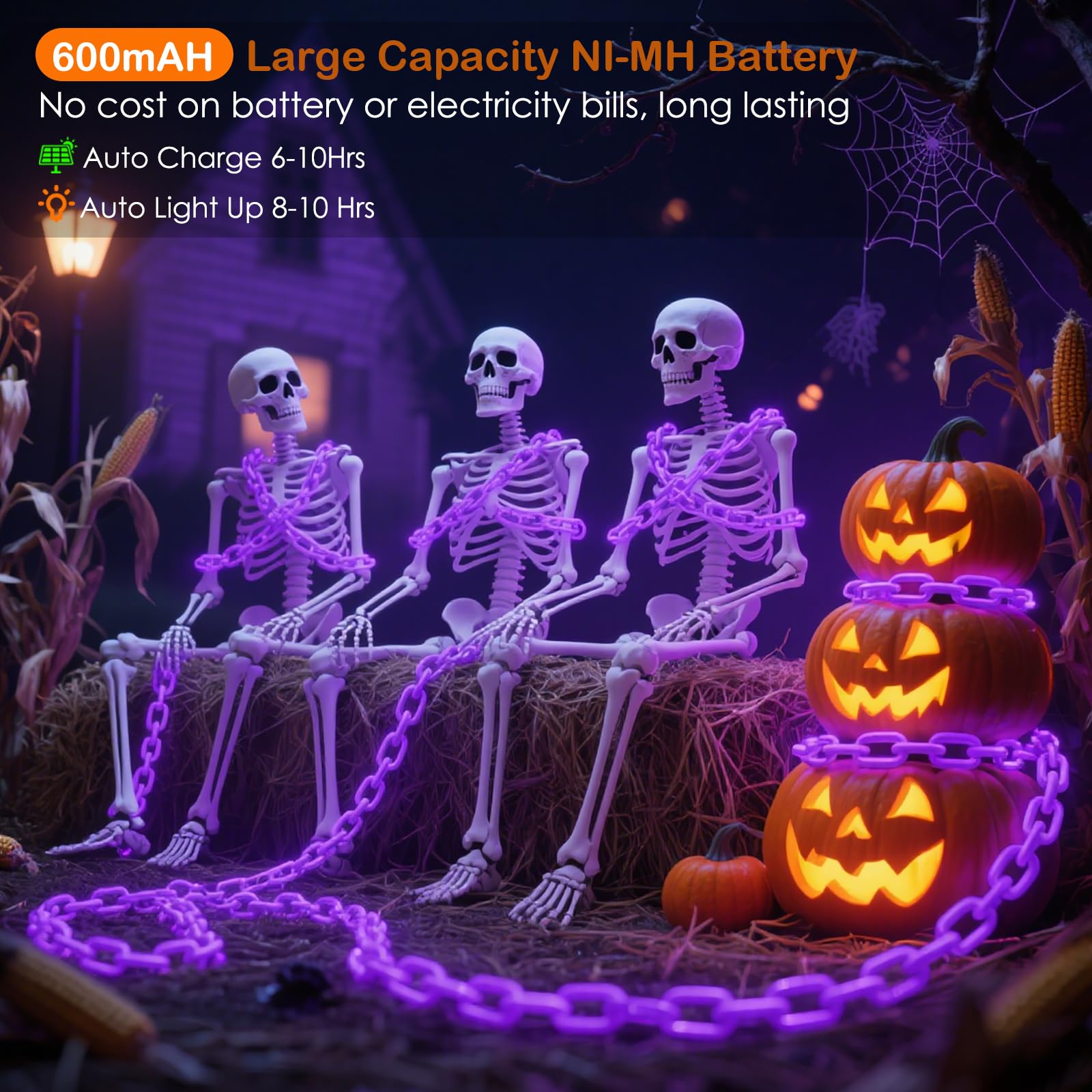 Ohwewant Solar Halloween Decorations Outdoor  10Ft Purple Chain Lights  Waterproof Solar Halloween Lights For Outdoor Haunted House Party Skeleton Dog Cosplay Props Yard