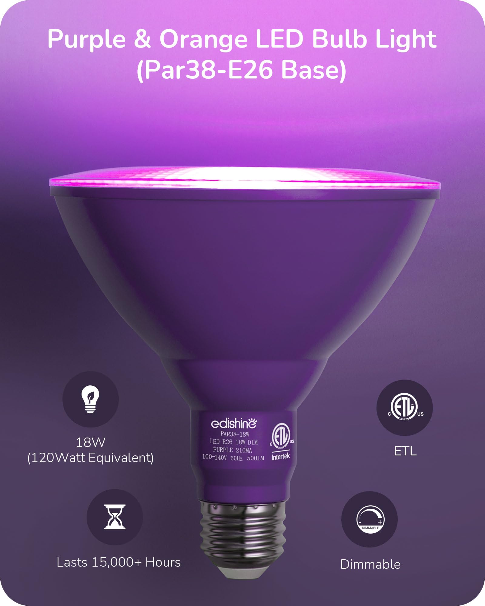 Edishine 18W Yellow Led Flood Light Bulbs, Dimmable, E26 Base, Etl Listed, 2 Pack