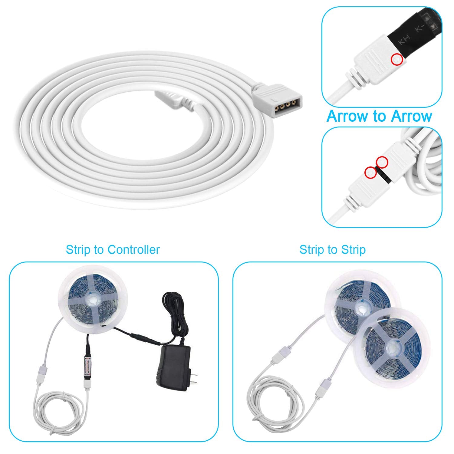 Fntek LED Connector Kit for 5050 RGB 4 Pin, Copper & PBT, 10mm, Includes Splitter & Extension Cables, White
