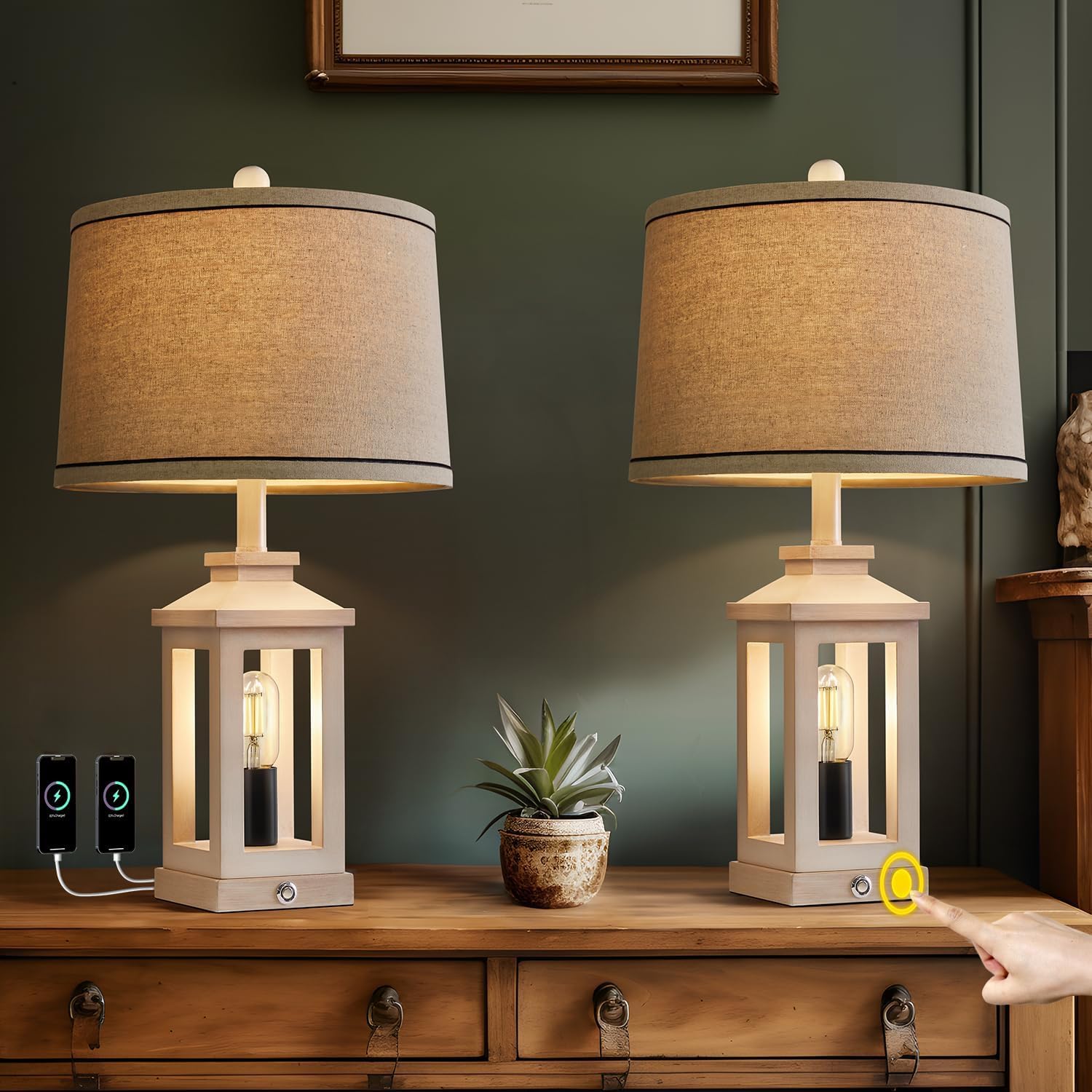 G-SAFAVA Retro Farmhouse Table Lamp Set of 2 - 3 Way Dimmable Touch Control, White, Vintage Modern Design for Living Room and Bedroom