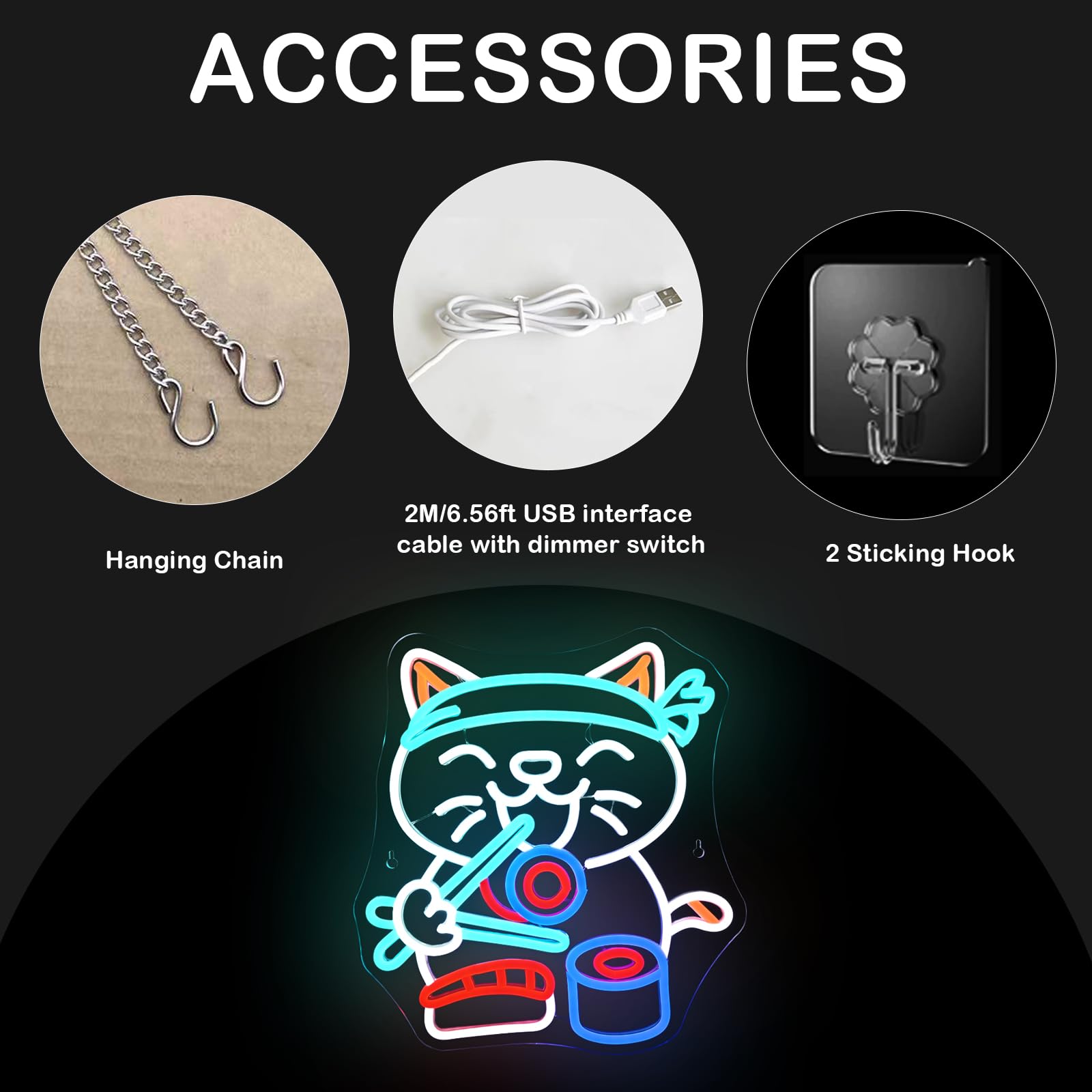 Wanxing LED Neon Sign, Ramen Cat Sushi Light, USB Powered, Dimmable, 12.6inx13.8in, Colorful Sushi Cat Decor for Home and Office
