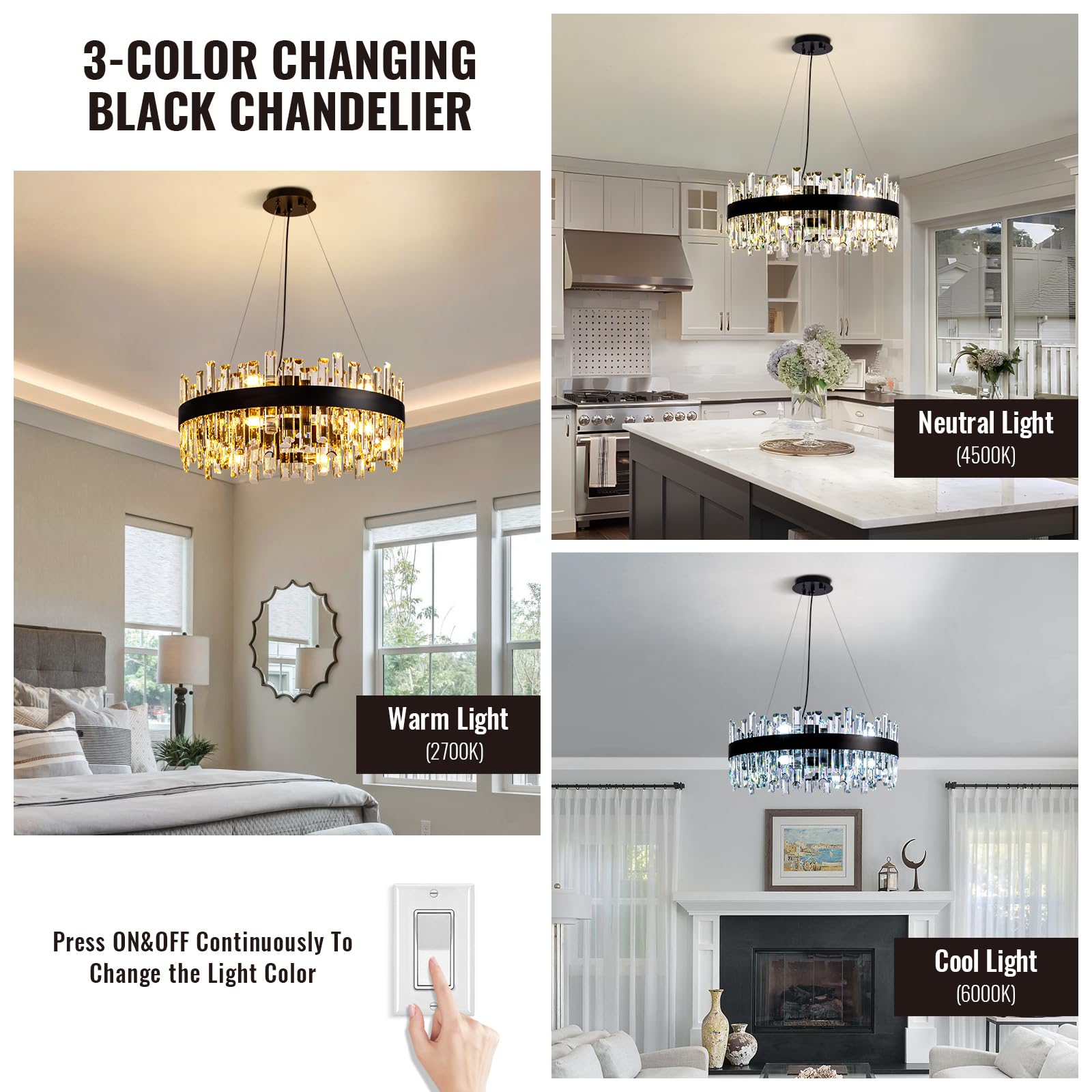 Siljoy Modern Crystal Chandelier, 23.6'' Raindrop K9, Adjustable Flush Mount, Black, Model HLP12506BQG