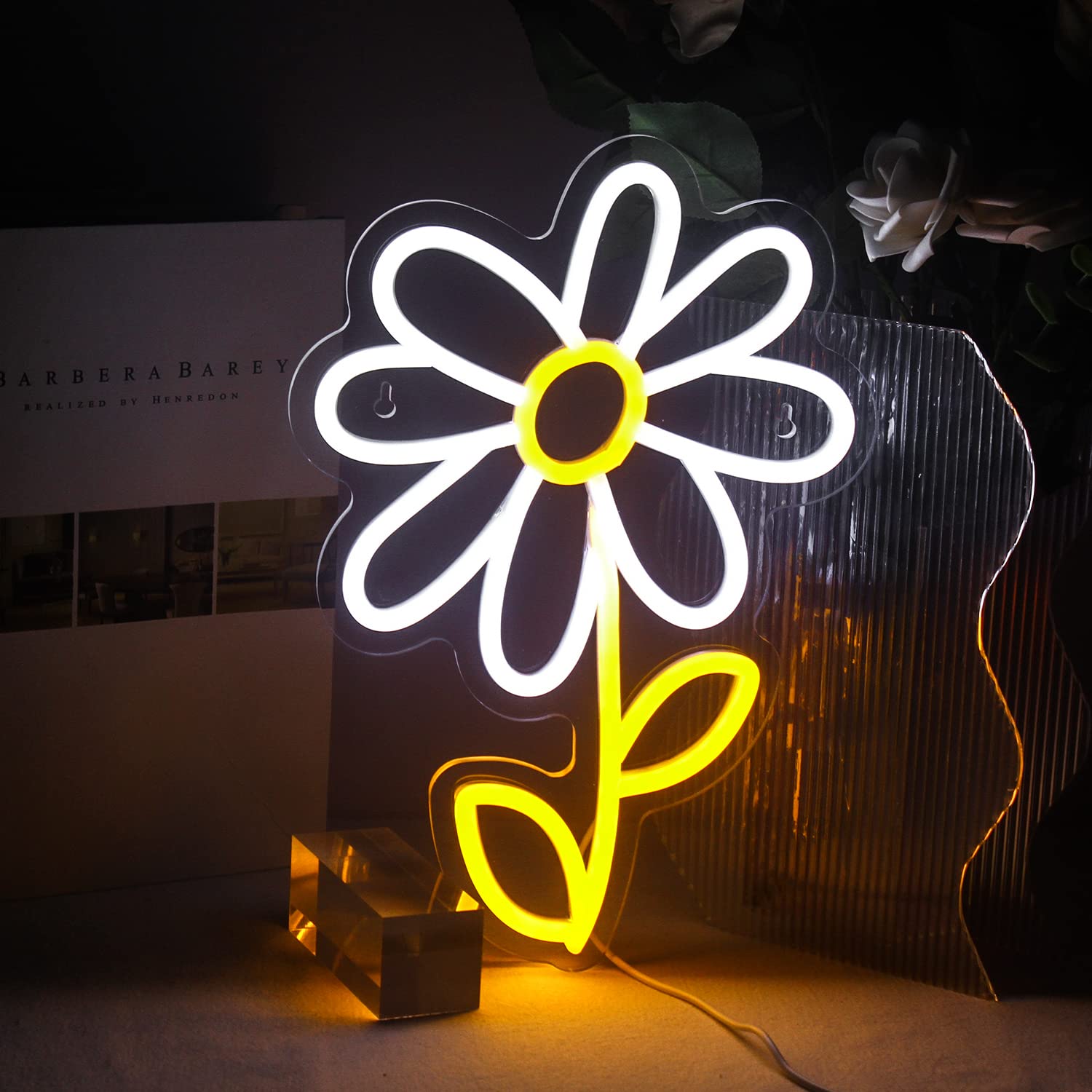 ineonlife Daisy Flower Neon Sign - LED Wall Decor for Bedroom, USB Powered, Acrylic, White Gold
