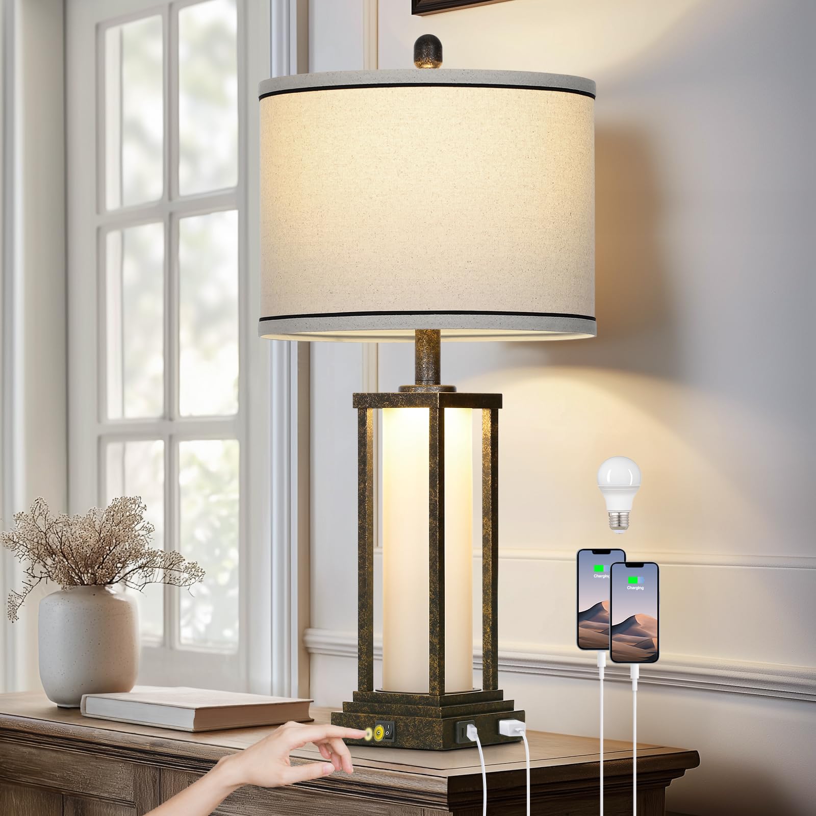 luxeflow 27in Tall Farmhouse Table Lamp with USB C+A & Outlet Bronze Industrial End Table Lamp for Living Room Vintage Rustic Bedside Lamp with Night Light for Bedroom Nightstand Single Bronze