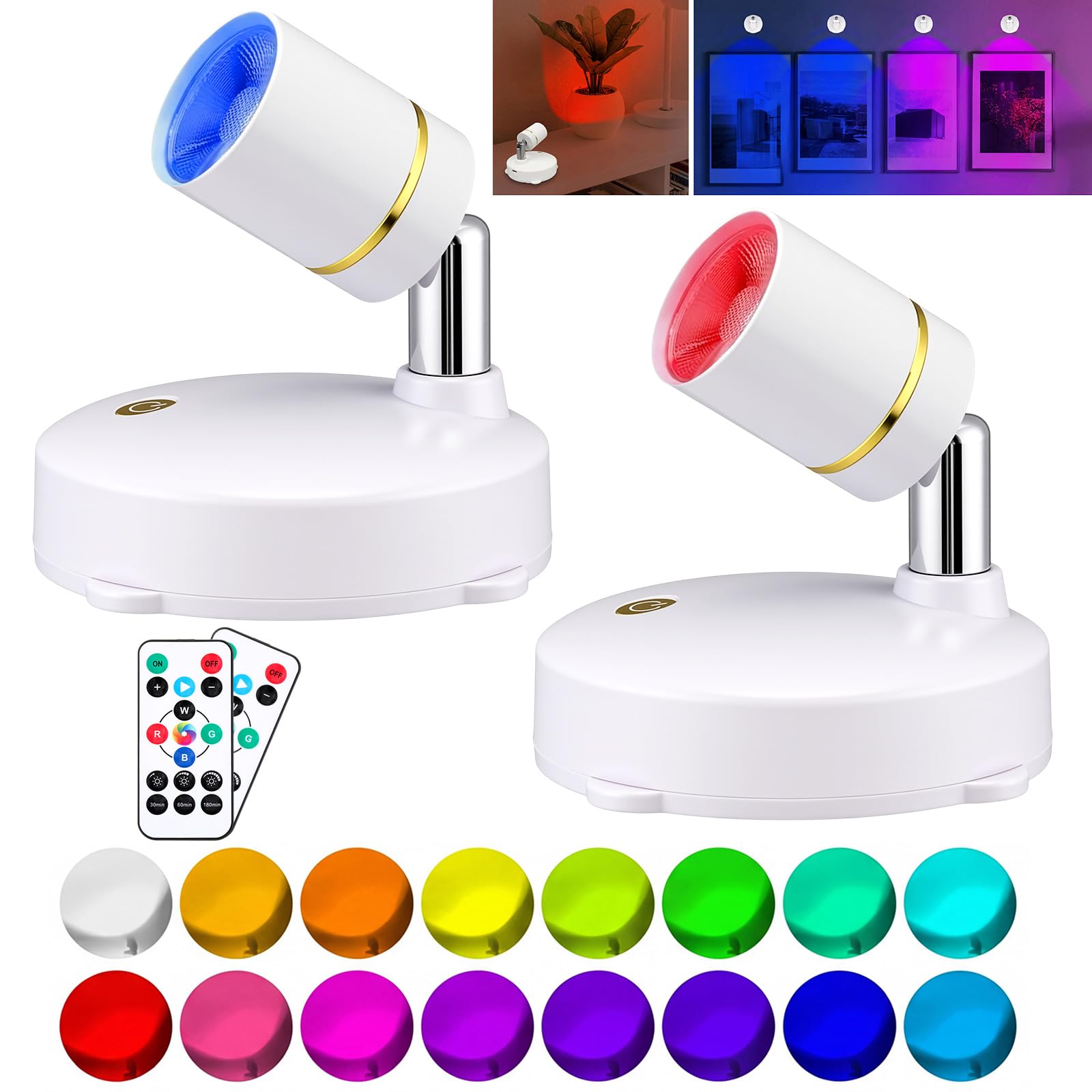 Grinsvalley RGB Spotlight with Remote Control Set of 2, 16 Colors Changing Lights and 10 Brightness Levels Adjustable 180 Rotati