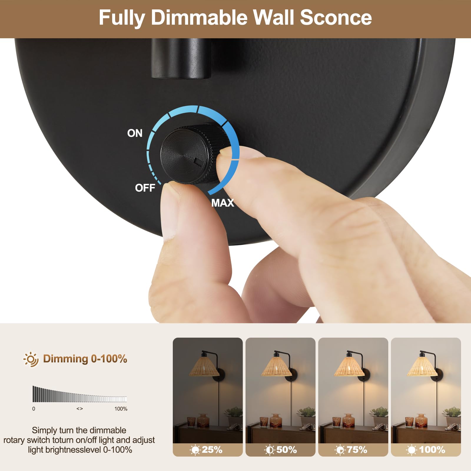 Weaboopre Rattan Plug In Wall Sconce Set Of 2  Black Wall Lamps With Plug In Cord And Dimmer  Hand Woven Wicker Sconces Swing Arm Wall Mount Light Fixture Beside Lighting For Bedroom  Living Room