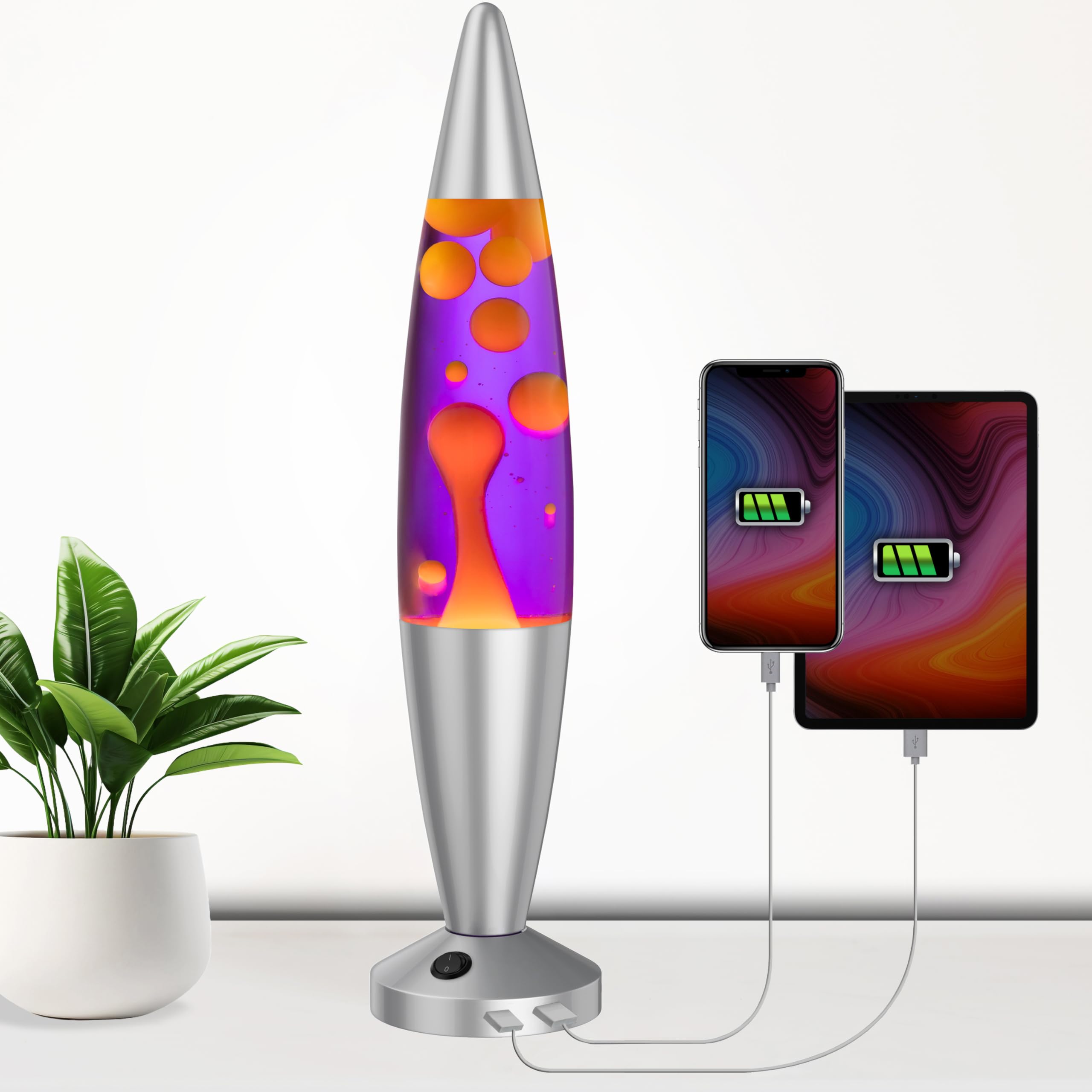 JAMBO 16in Liquid Motion Lamp with USB, Purple Liquid & Yellow Wax, Silver Base, Model 55000, Night Light for Home Decor