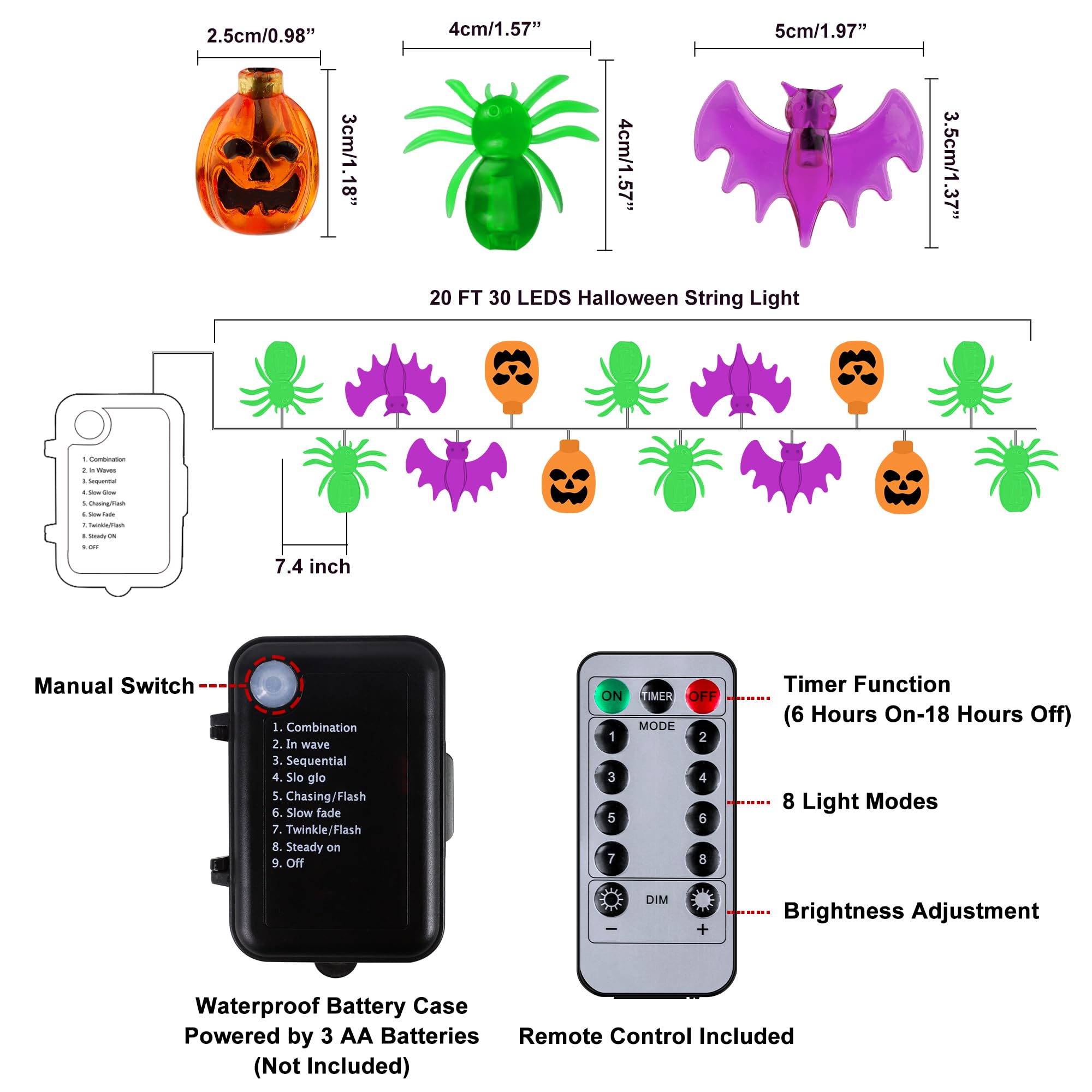 Halloween Lights Outdoor Indoor 20Ft 30 Led 3D Pumpkin Bat Spider Battery Operated Halloween String Lights With Timer, 8 Light Modes Waterproof Halloween Decorations Lights For Yard Window Party Decor