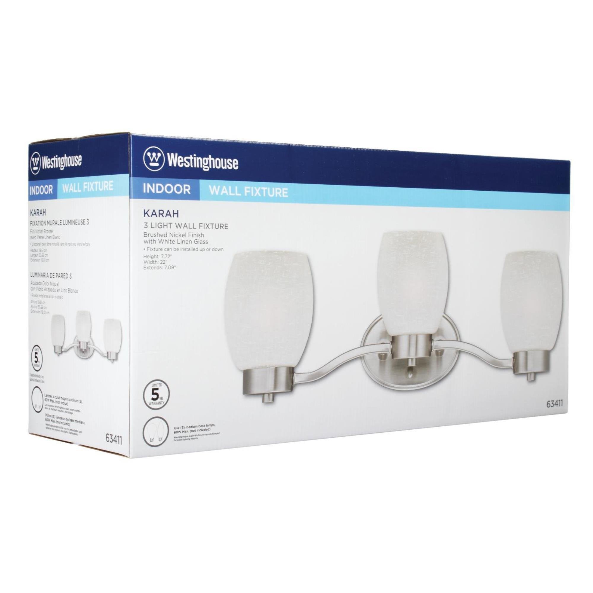 Westinghouse 6341100 Karah Three-Light Indoor Wall Fixture, Brushed Nickel Finish With White Linen Glass