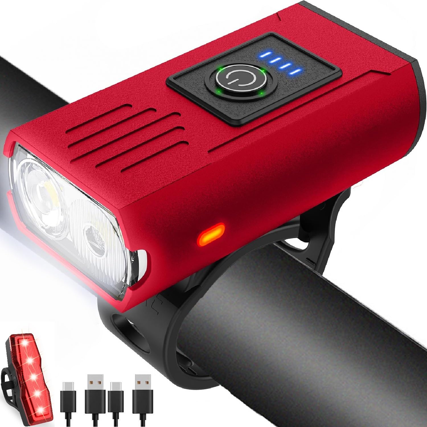 Victoper Red Bike Light Set - USB Rechargeable Headlight & Taillight, 6+4 Modes, Waterproof, 2 LED, for Night Riding