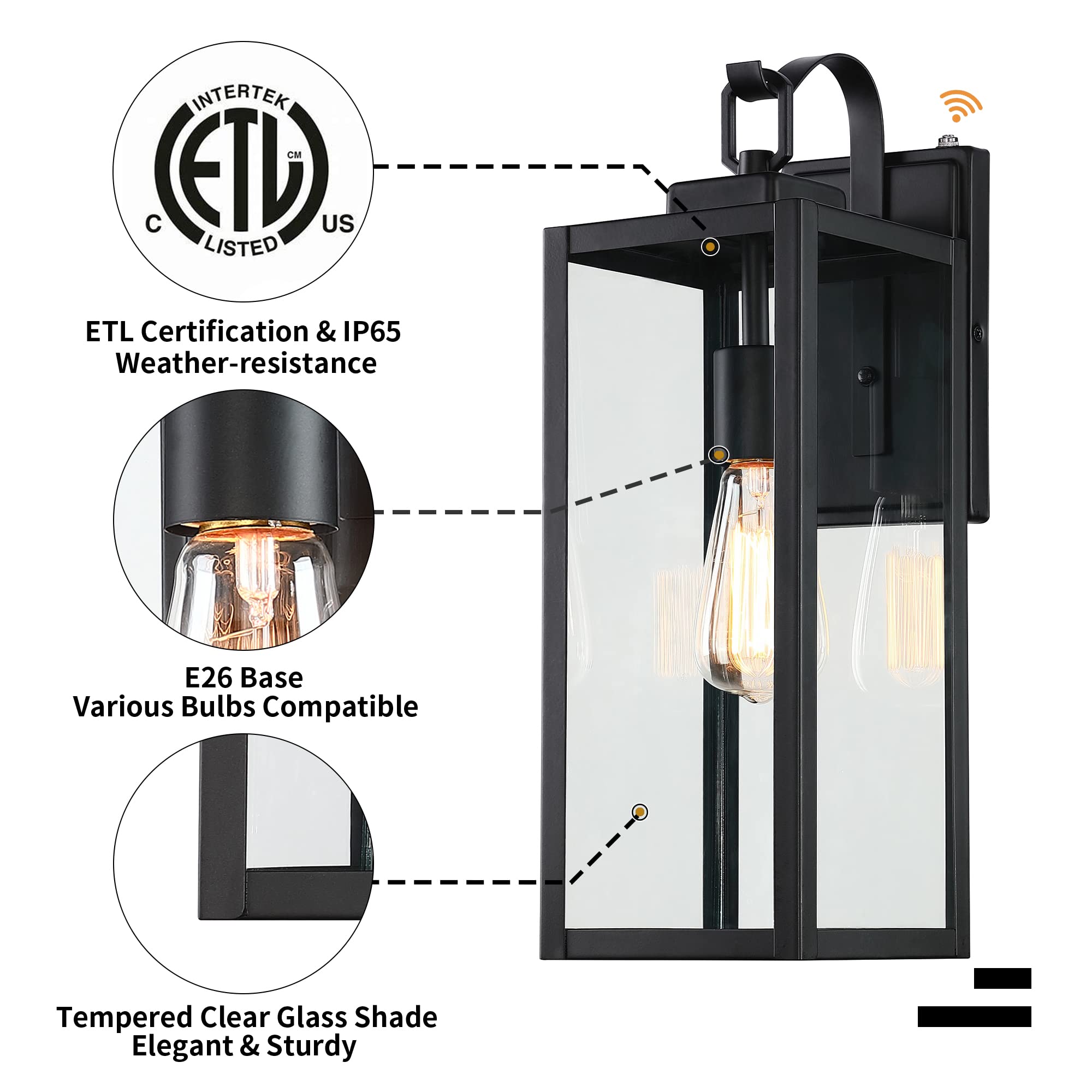 Pia Ricco Outdoor Wall Lights, Dusk to Dawn, Matte Black, 18 Inch with Sensor, ETL Listed, Clear Glass Shade