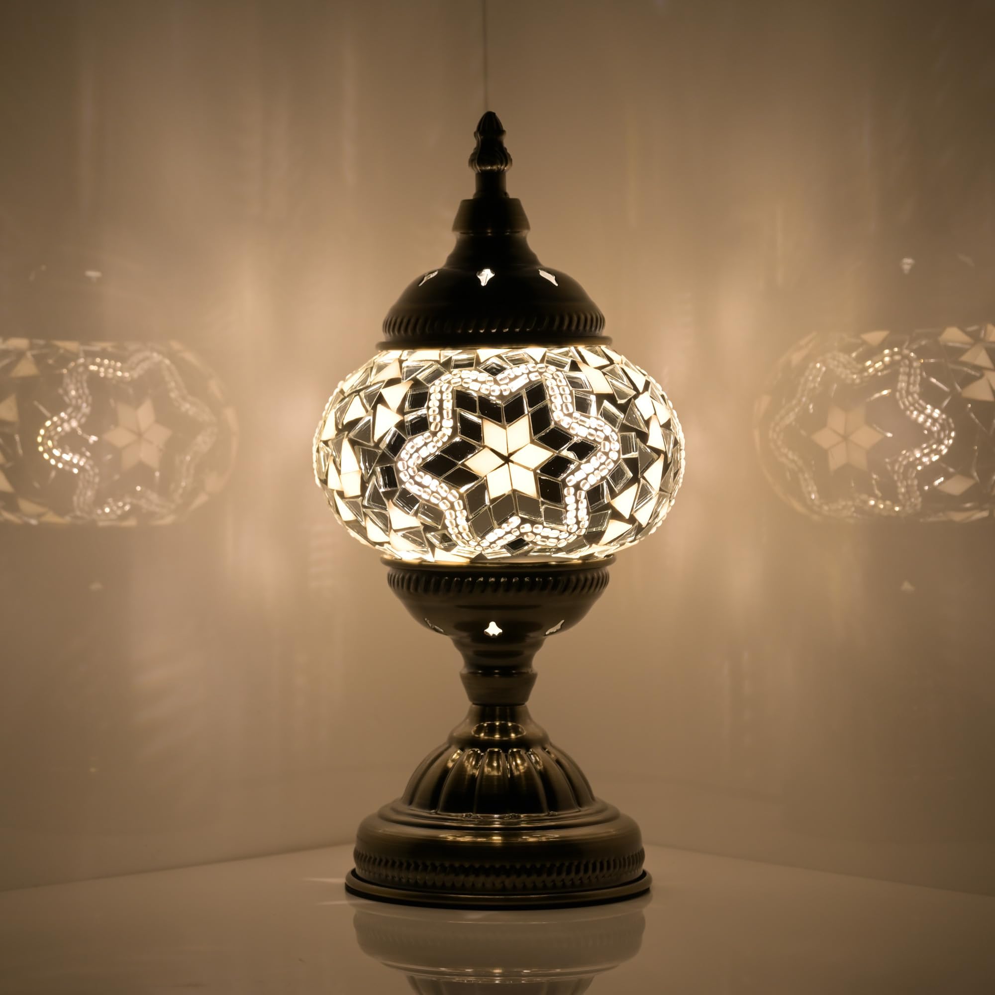 GOGERS Turkish Moroccan Table Lamp Lantern, Handmade Mosaic Glass, Tiffany Style, Bohemian, White 2, Model GS-HH-Y8