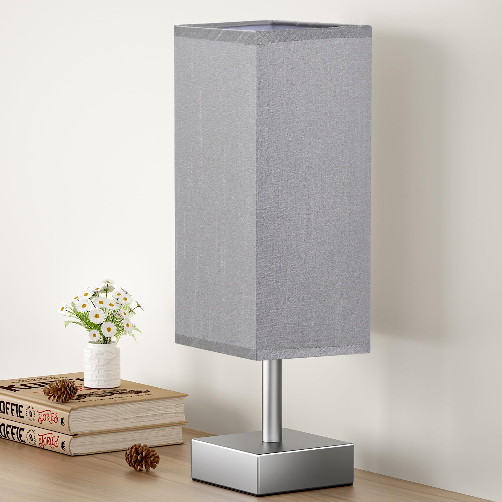 Aooshine Grey Table Lamp - Bedside Lamp For Bedroom, Minimalist Nightstand Lamp With Square Fabric Shade, Desk Lamp For Kids Roo