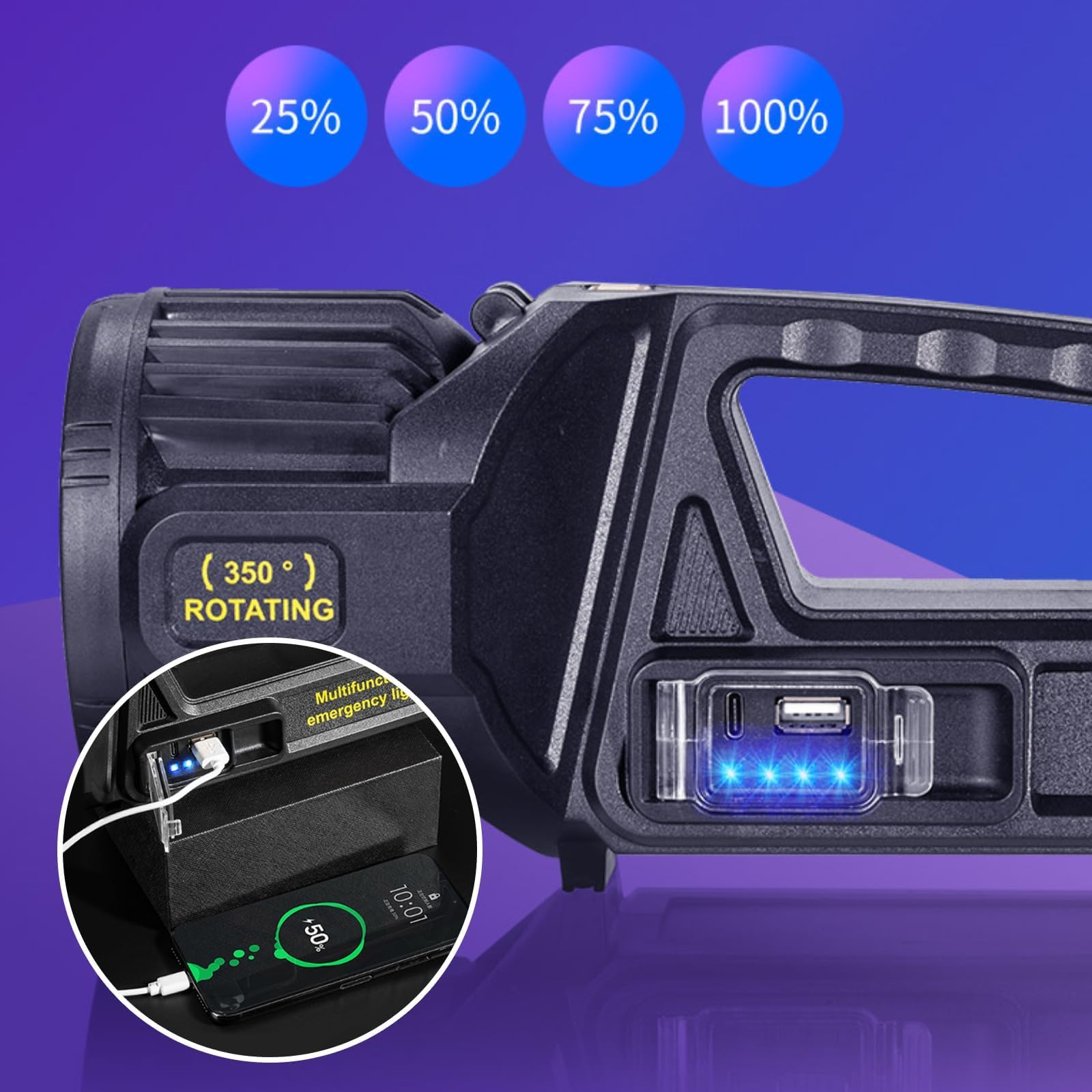 LETOUR Rechargeable LED Spotlight Flashlight, 350° Rotate Head, 9 Modes, IPX6 Waterproof, XX-Large, LT-CL012B