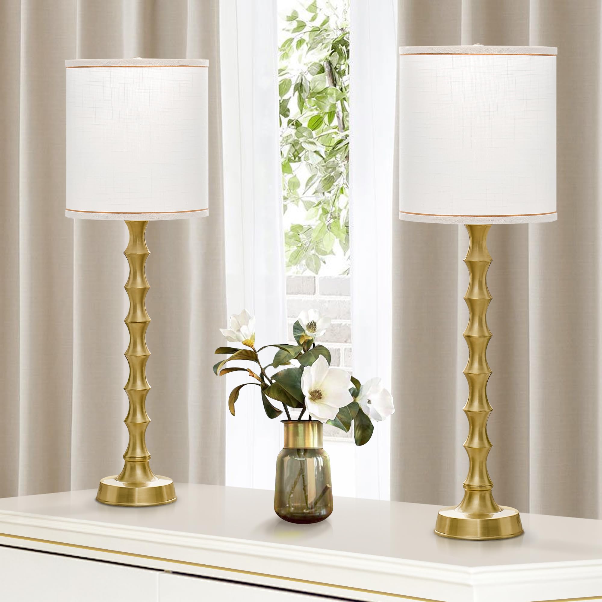 EUO Gold Table Lamps Set of 2 - Modern Tall Skinny Buffet Lamps, Bright Gold, Model TL2PK-011-PWH