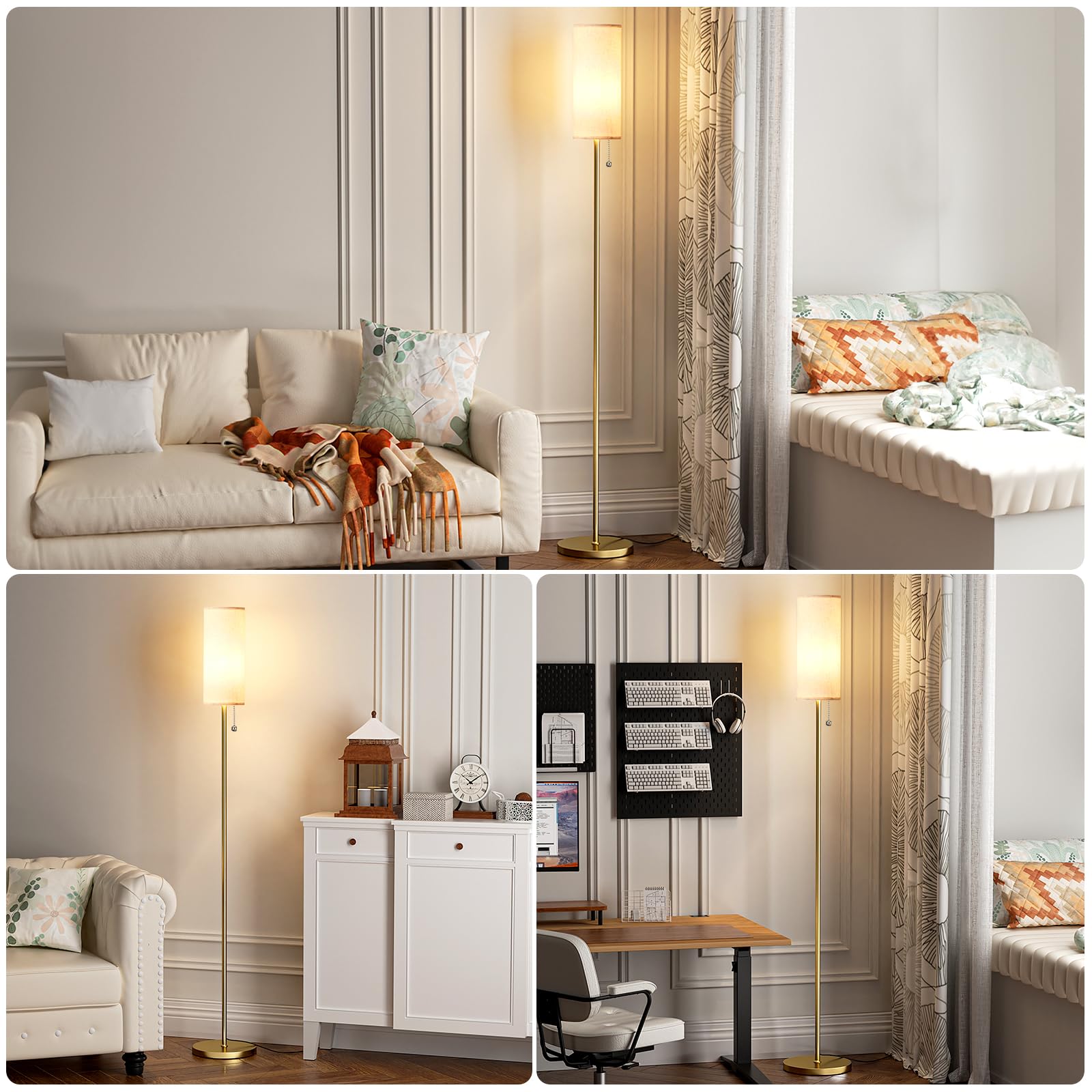Ambimall Floor Lamp for Living Room with 3 Color Temperatures Bulb, 64 Standing lamp with Linen lampshade for Bedroom, Minimalis