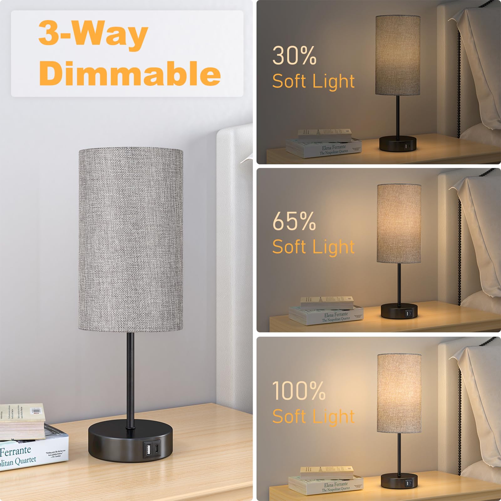 Akasuki Table Lamp For Bedroom, 3 Way Dimmable Touch Lamp With Dual Charging Station, Small Bedside Lamps For Night Stands, Livi
