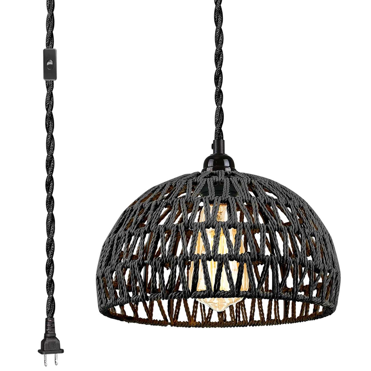 Arcomead Black Woven Rattan Pendant Light With Hemp Cord - Coastal Chandelier For Home Decor