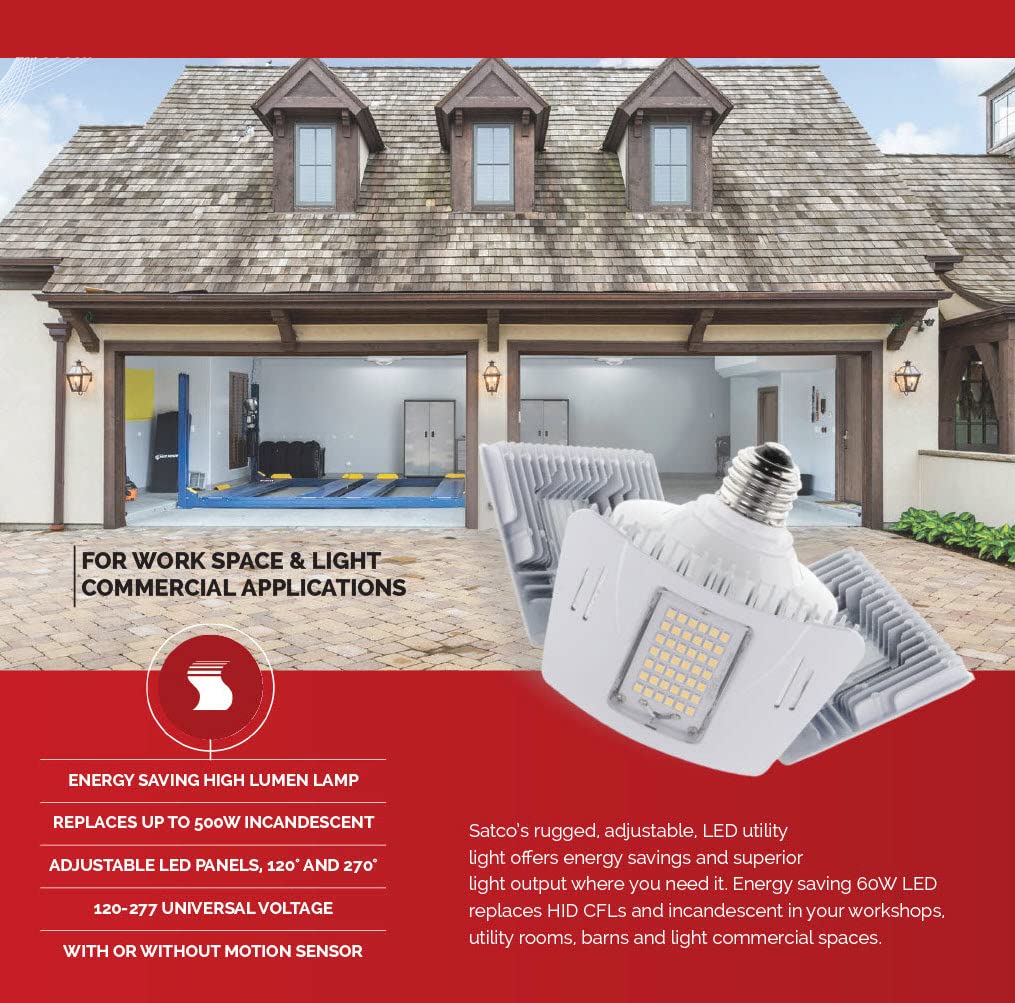 Satco LED Utility Bulb 60W, 4000K Cool White, Medium Base, Adjustable Beam Angle, 1 Count, Model S13118