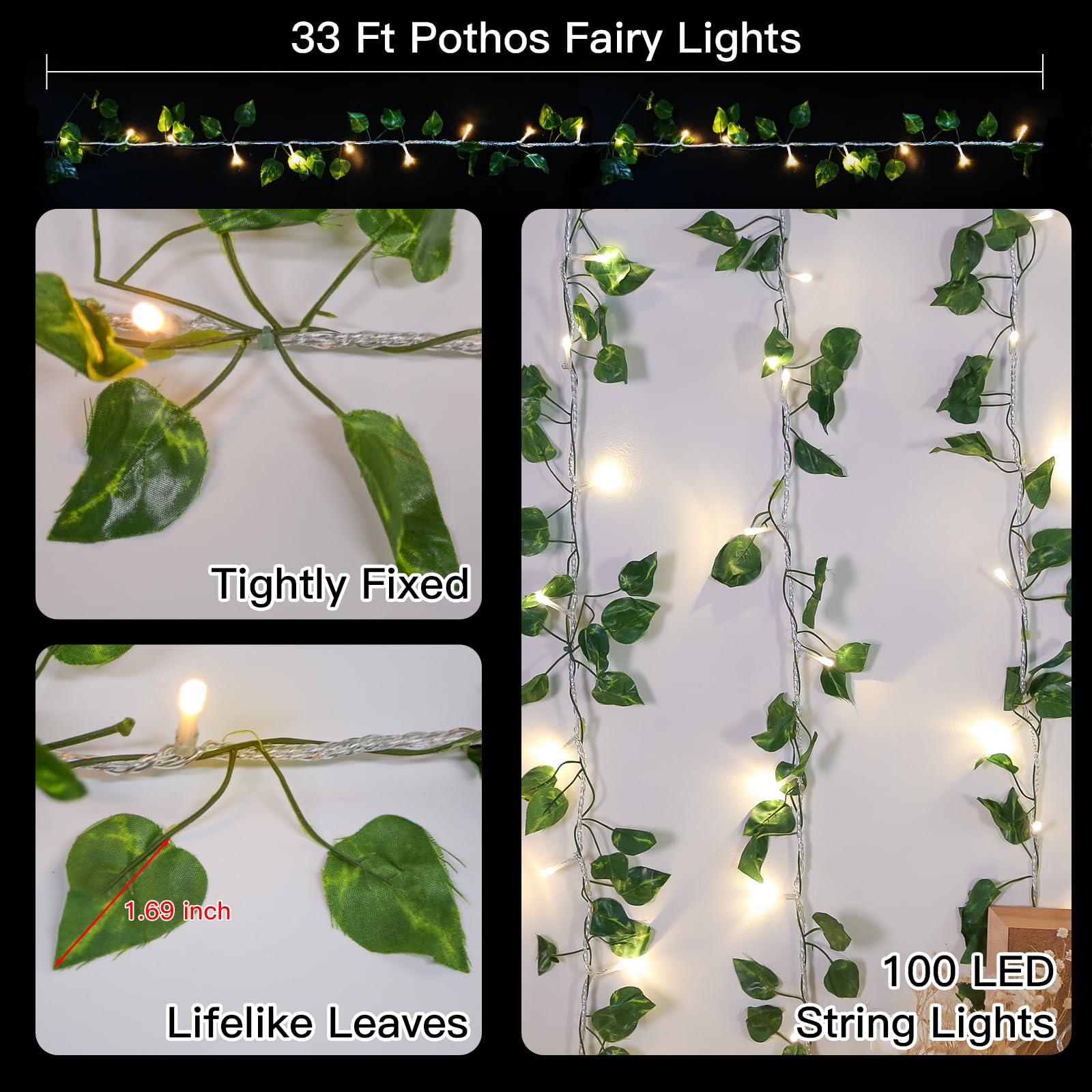 suddus 33ft Pothos String Lights with 100 LED, Warm White Fairy Lights, Plug-in, Clear Wire, Model SDS-100DIWW