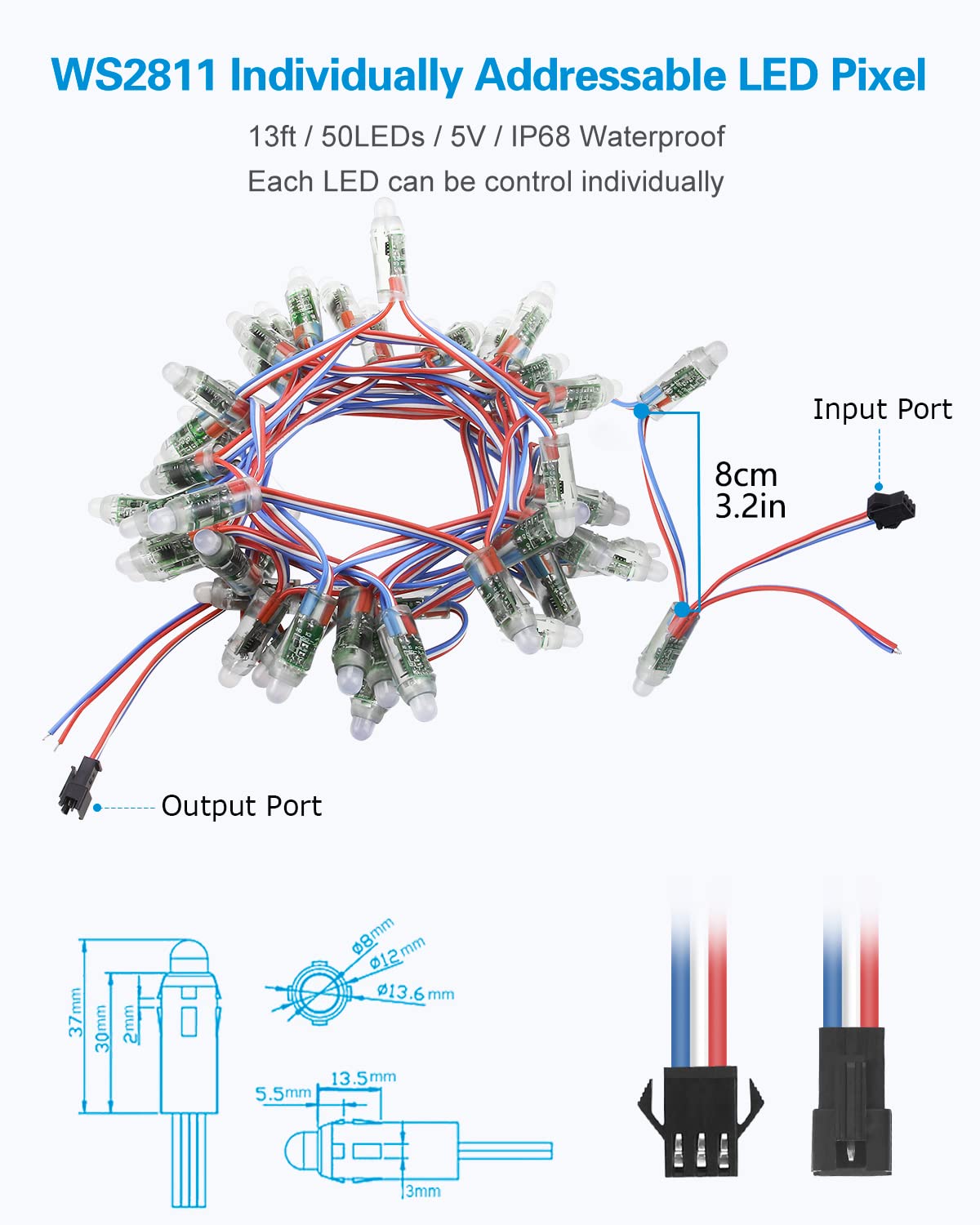 ALITOVE WS2811 RGB LED Pixel Light Module, IP68 Waterproof, 5V, 50pcs/Set, 12mm Diffused Round project piece, Plastic