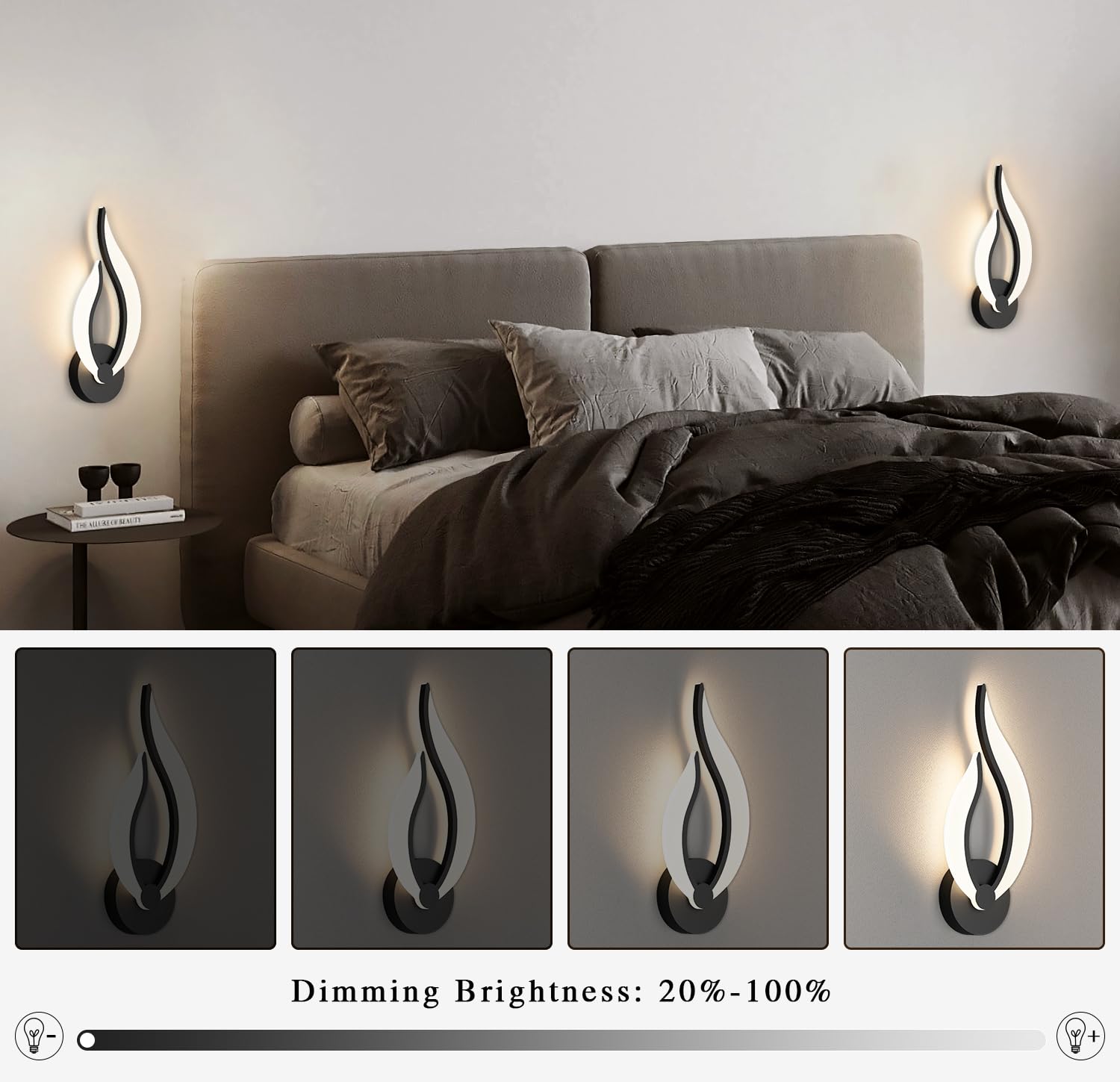 Pasoar Hard-Wired 2-Pack LED Wall Sconce Set, Black Dimmable, Warm White Light, 3000K, Ideal for Living Room, Bedroom, Hallway
