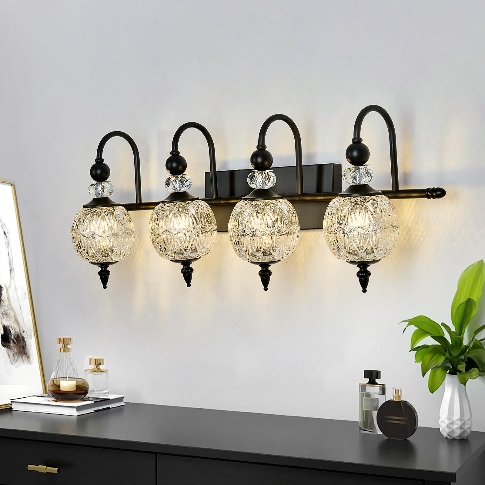 Piepooye Vintage Bathroom Light Fixtures Black Vanity Light With Glass Globe Lampshade 4 Lights Mid Century G9 Bulb Wall Sconce