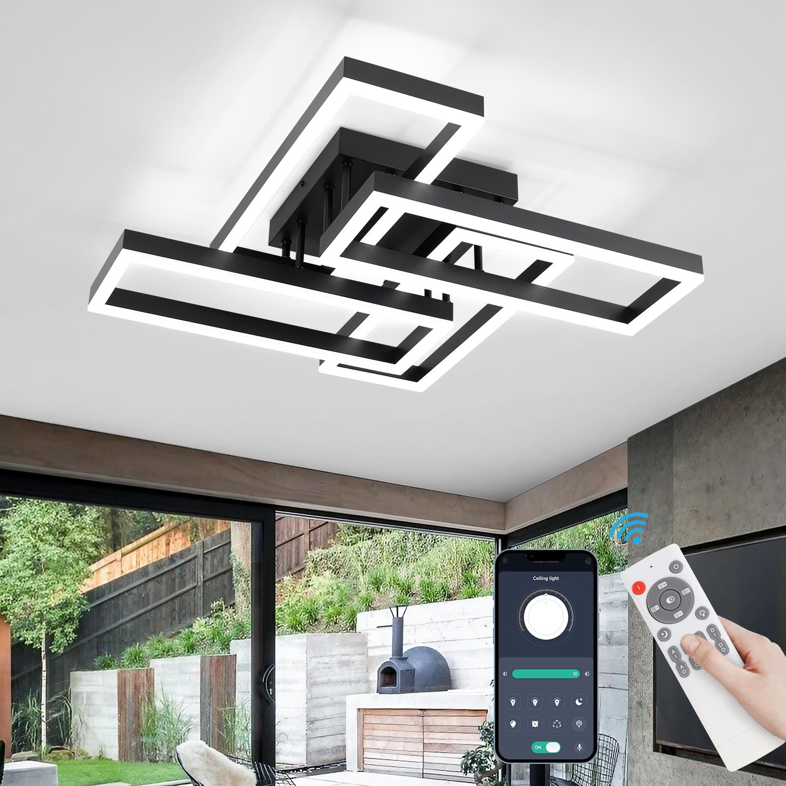 EIDISUNY Modern LED Ceiling Light, Dimmable 3000-6500K, 54W, Black Flush Mount, Model CL-4CFBKYX-D-110V