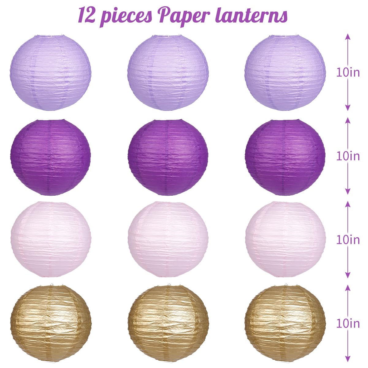 Yunxuan Paper Lanterns Purple Gold Round Hanging Chinese Lanterns For Birthday Baby Shower Bachelorette Party Decorations Pack O